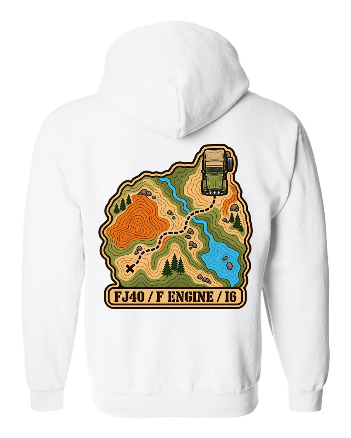 Topographic route map illustration of a Toyota Land Cruiser FJ40 with F engine I6 lettering white zip hoodie back view with the design