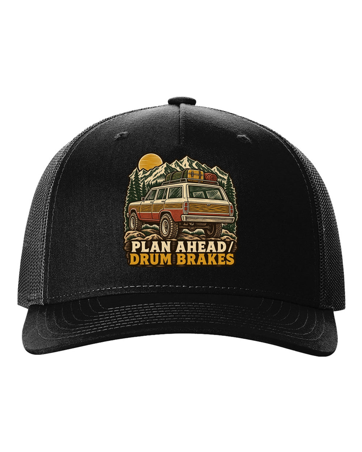 Linocut woodcut of a Toyota Land Cruiser FJ55 with Plan Ahead Drum Brakes lettering black hat front view with the design