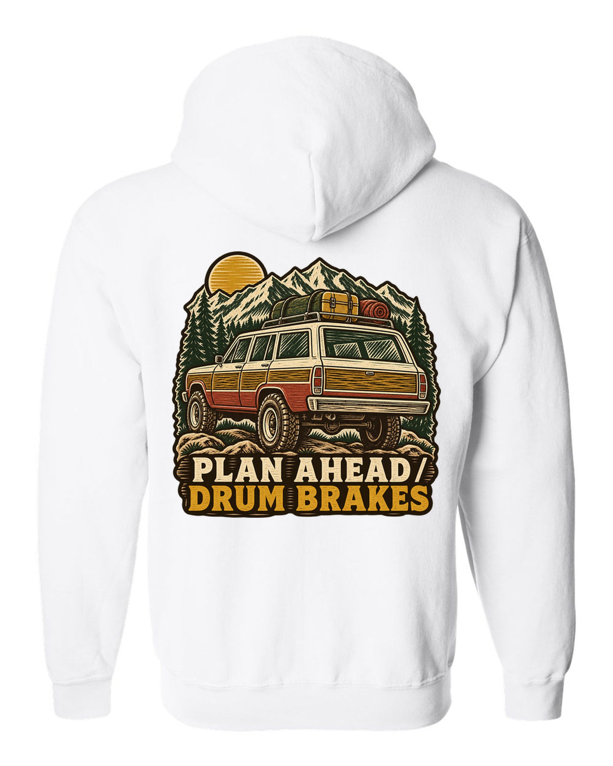 Linocut woodcut of a Toyota Land Cruiser FJ55 with Plan Ahead Drum Brakes lettering white zip hoodie back view with the design