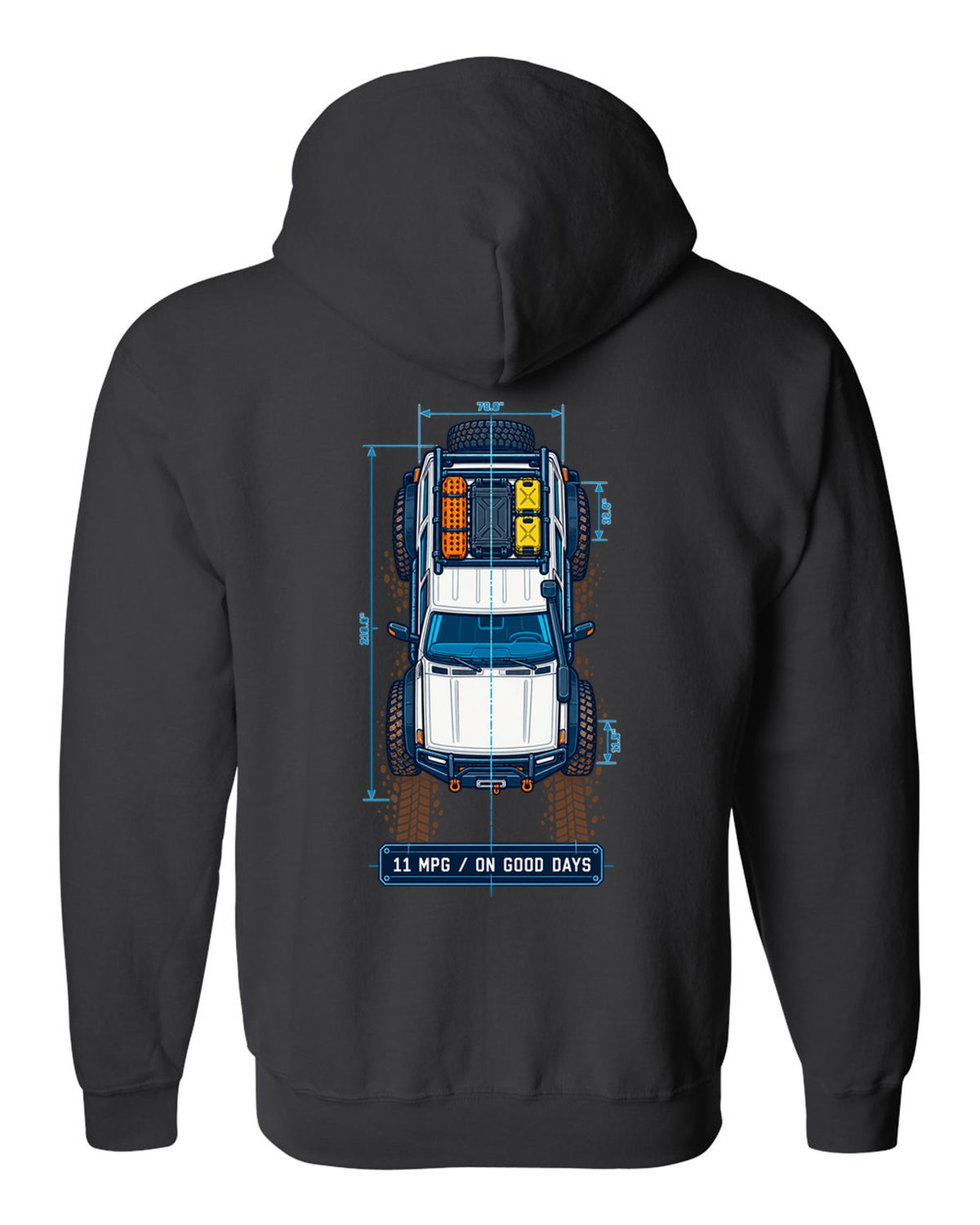 Top-down blueprint line art of a Toyota Land Cruiser FJ80 with roof rack and 11 MPG lettering black zip hoodie back view with the design
