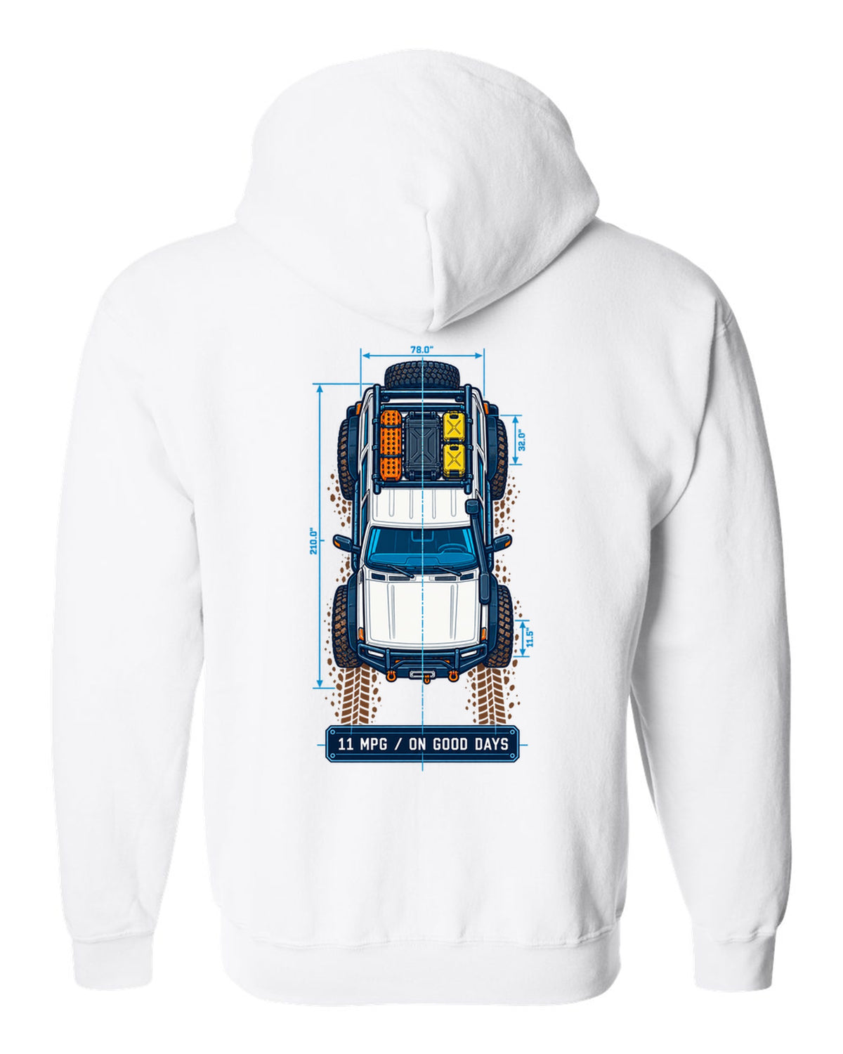 Top-down blueprint line art of a Toyota Land Cruiser FJ80 with roof rack and 11 MPG lettering white zip hoodie back view with the design