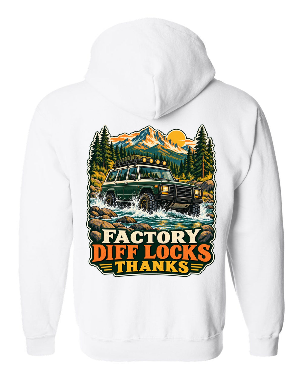 Retro national park poster of a Toyota Land Cruiser FZJ80 crossing a river with diff locks lettering white zip hoodie back view with the design