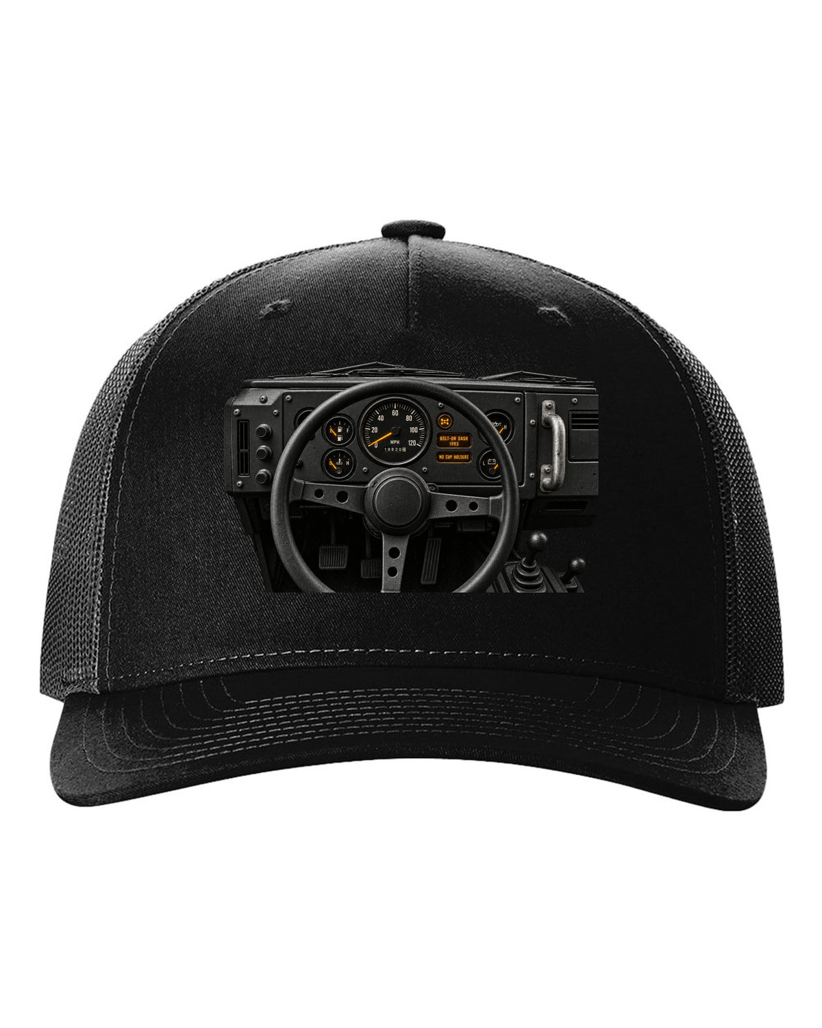 Land Rover Defender 110 cockpit gauge print with bolt-on dash text black hat front view with the design