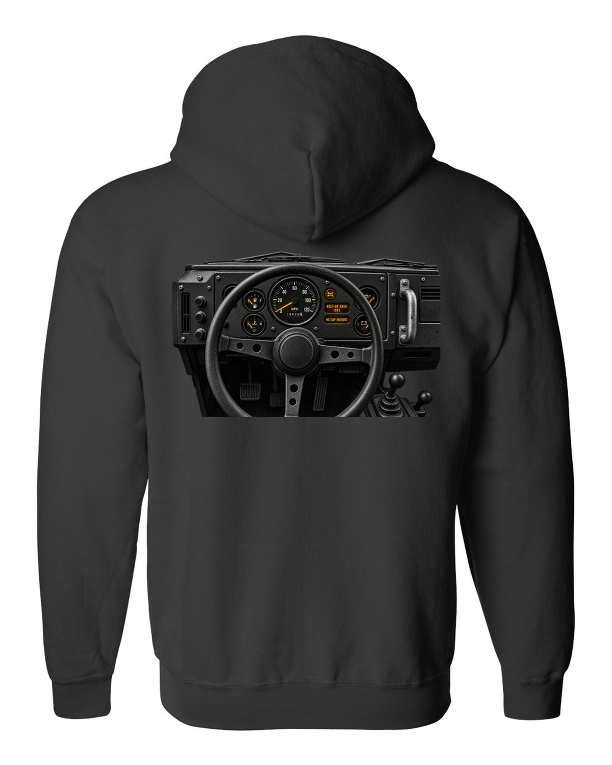Land Rover Defender 110 cockpit gauge print with bolt-on dash text black zip hoodie back view with the design