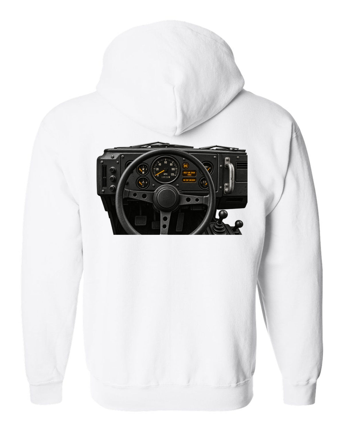 Land Rover Defender 110 cockpit gauge print with bolt-on dash text white zip hoodie back view with the design