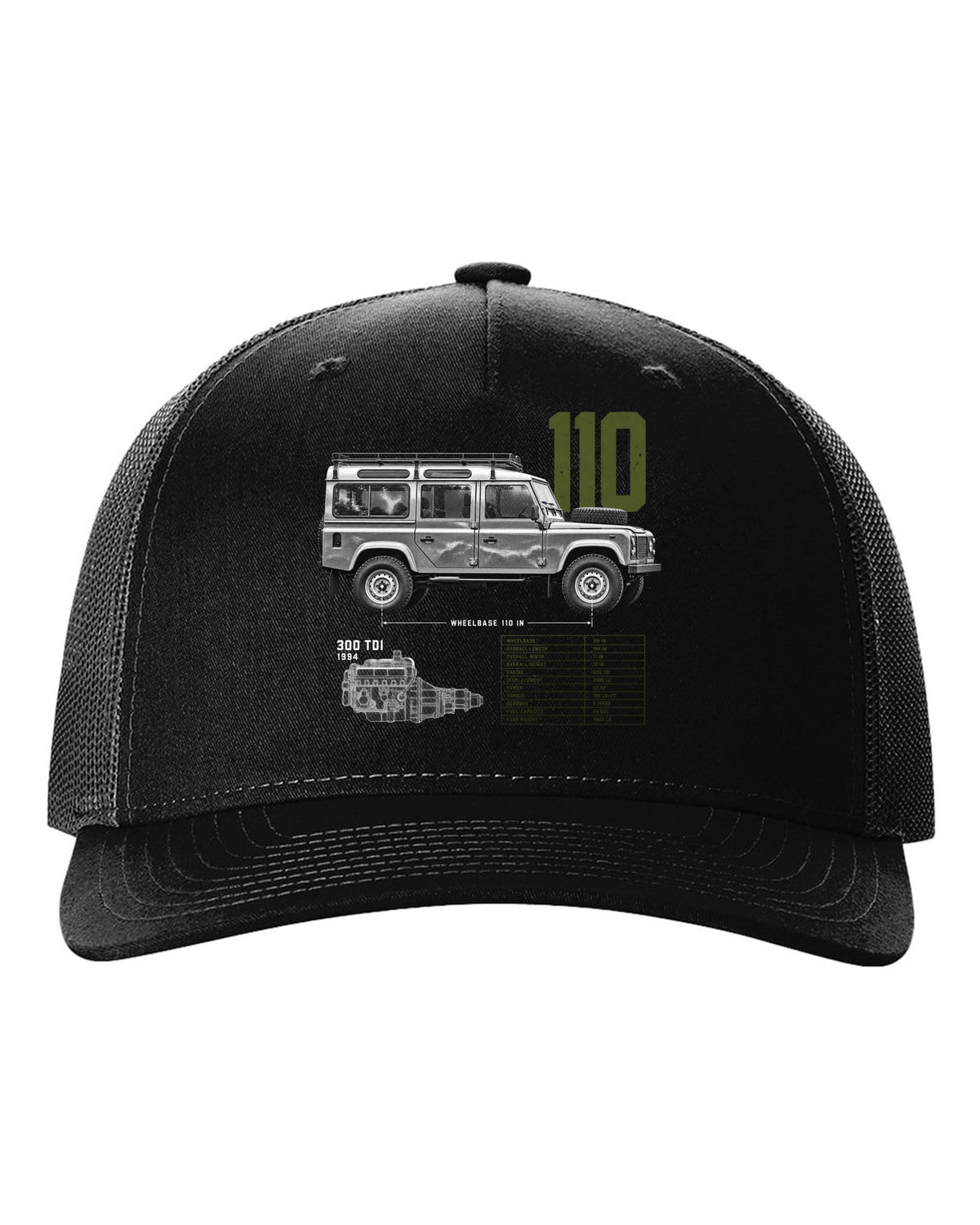 Land Rover Defender 110 spec poster print with 300 Tdi 1994 text black hat front view with the design