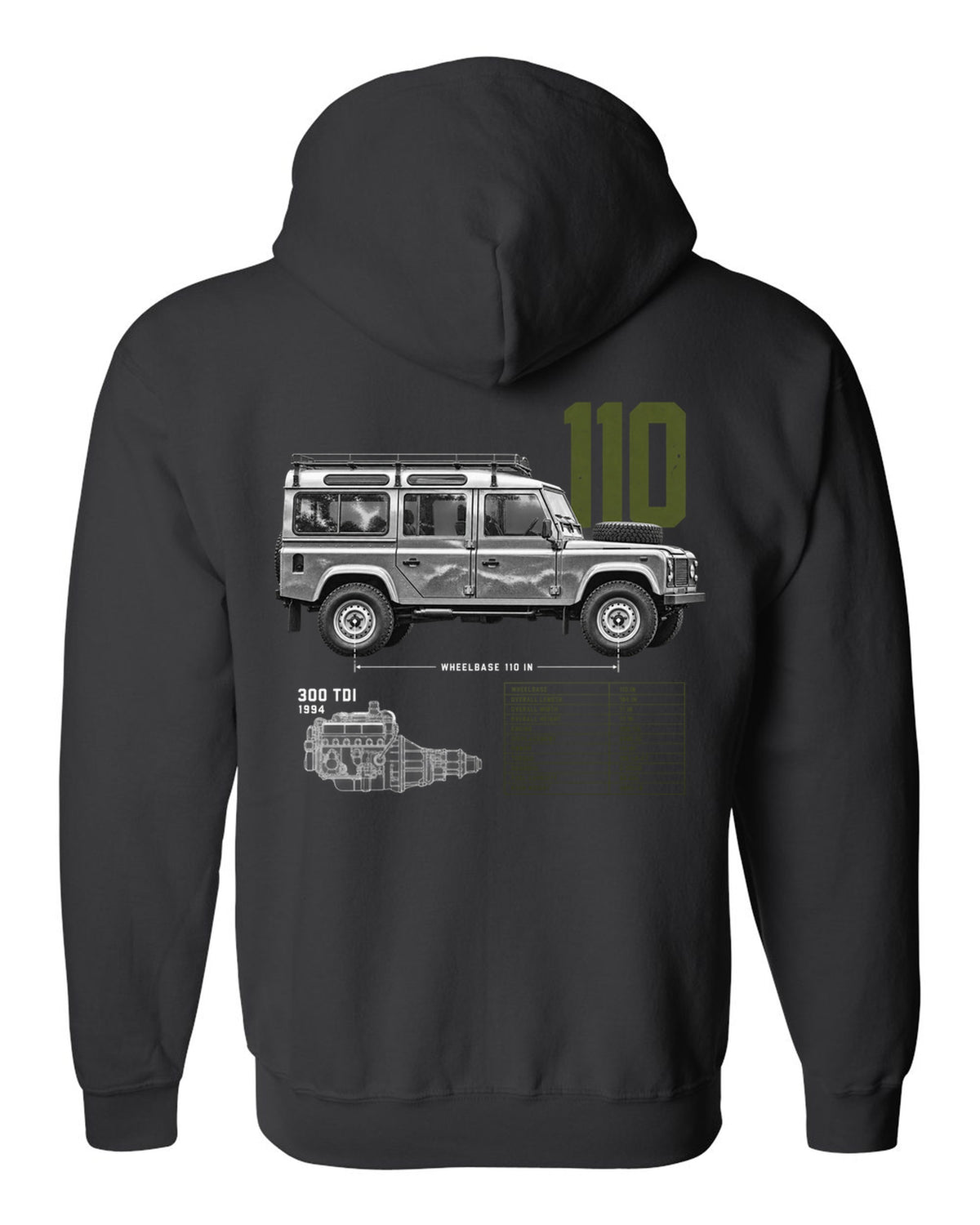 Land Rover Defender 110 spec poster print with 300 Tdi 1994 text black zip hoodie back view with the design