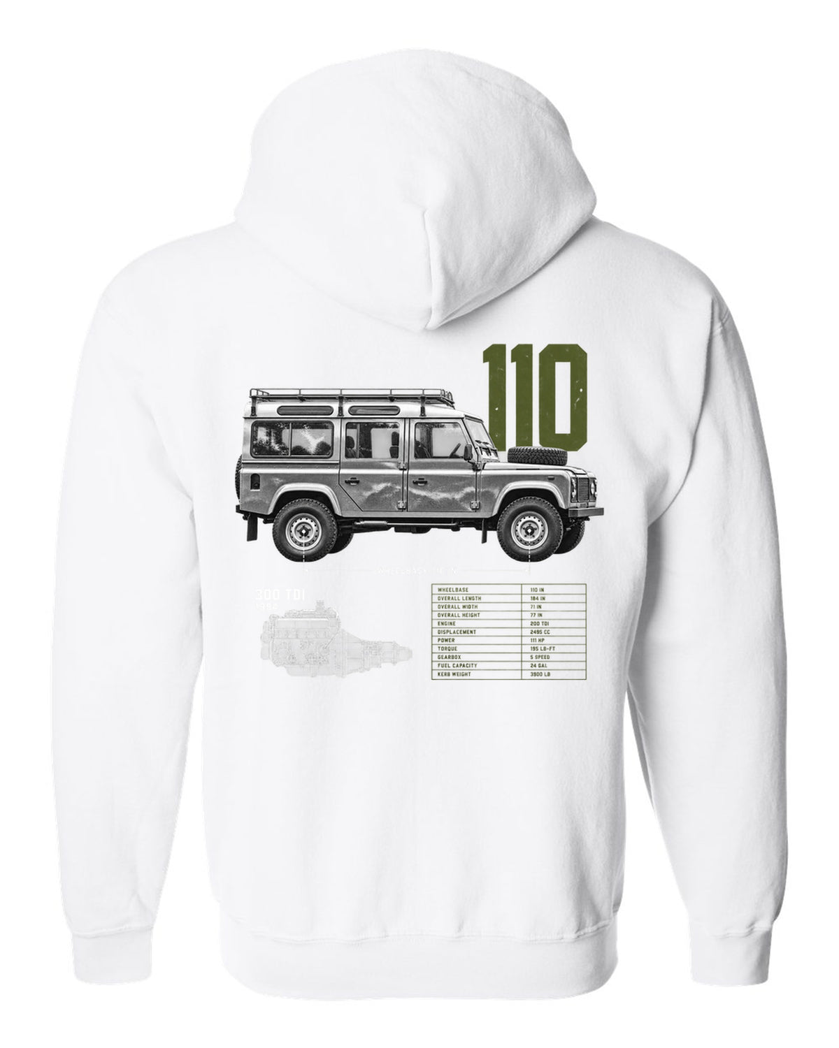 Land Rover Defender 110 spec poster print with 300 Tdi 1994 text white zip hoodie back view with the design