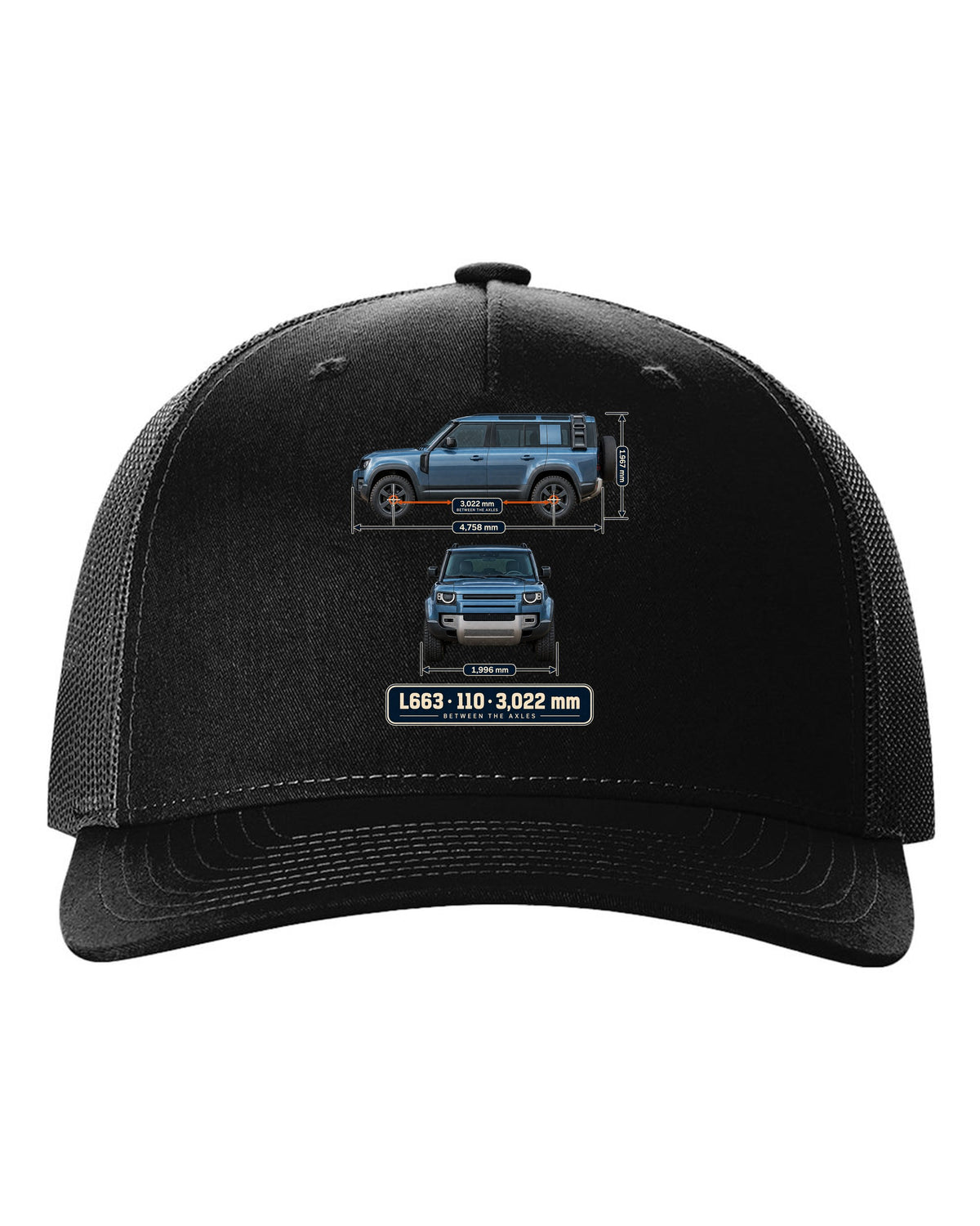Dimension blueprint print of the Land Rover Defender 110 L663 with wheelbase black hat front view with the design
