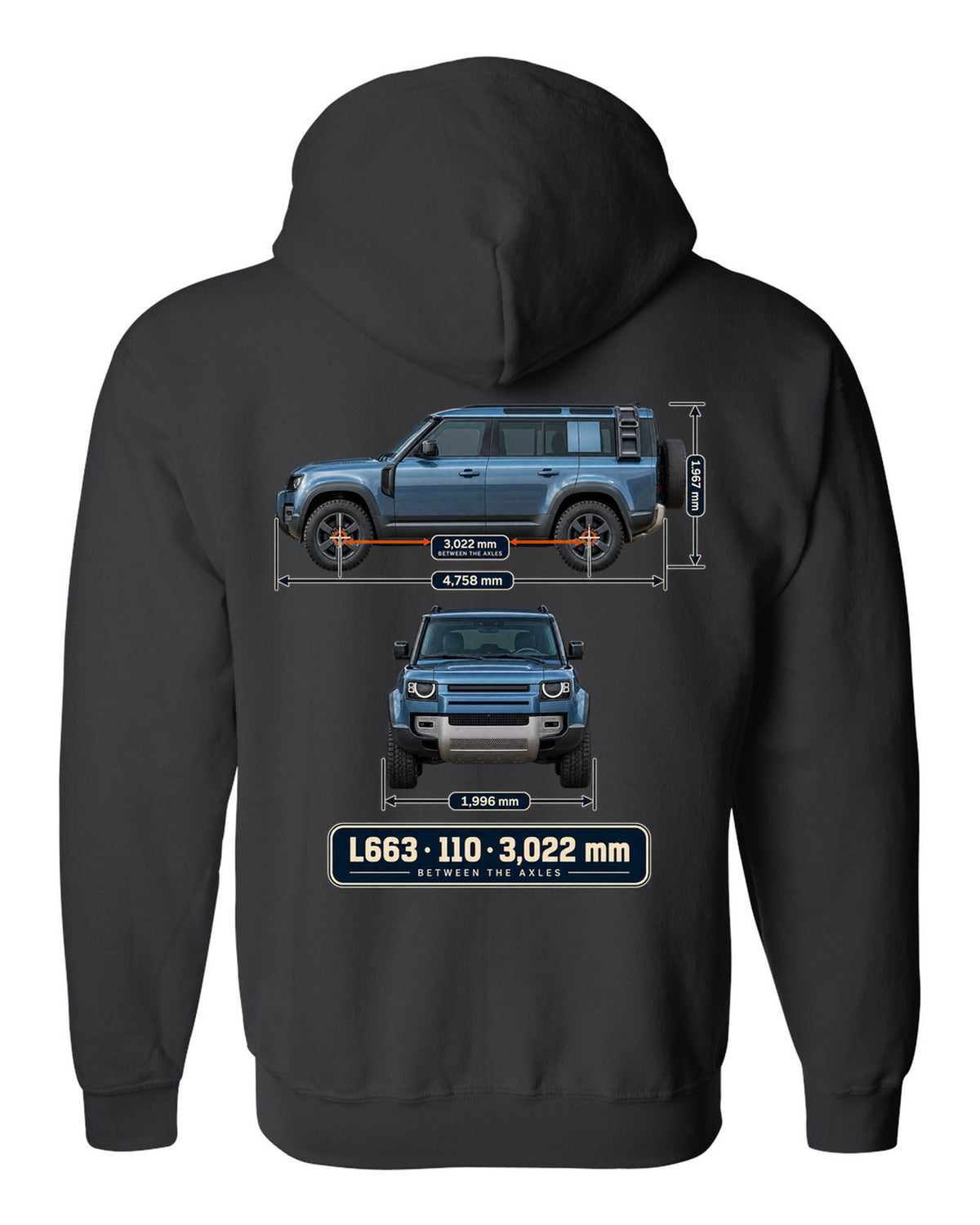 Dimension blueprint print of the Land Rover Defender 110 L663 with wheelbase black zip hoodie back view with the design