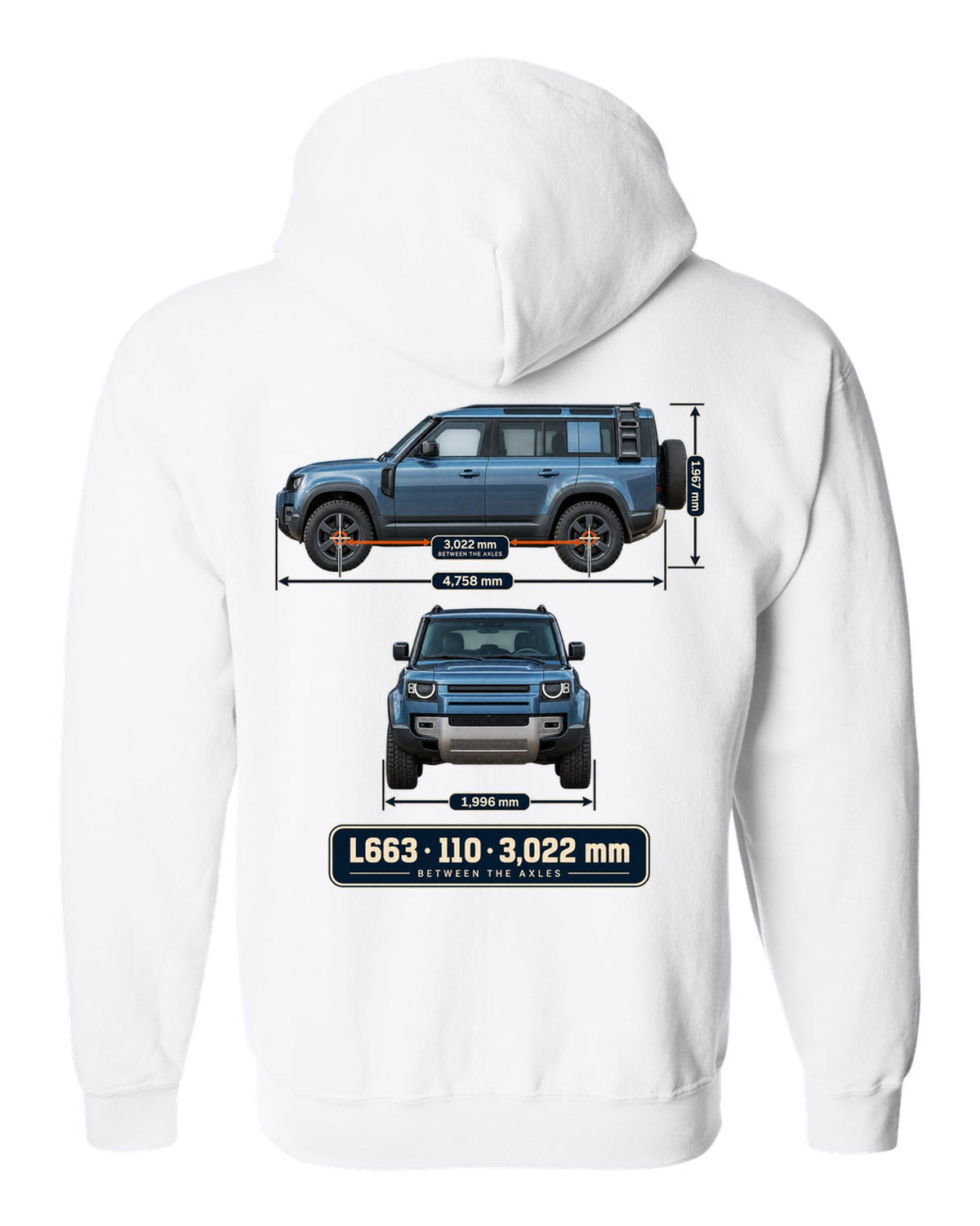 Dimension blueprint print of the Land Rover Defender 110 L663 with wheelbase white zip hoodie back view with the design