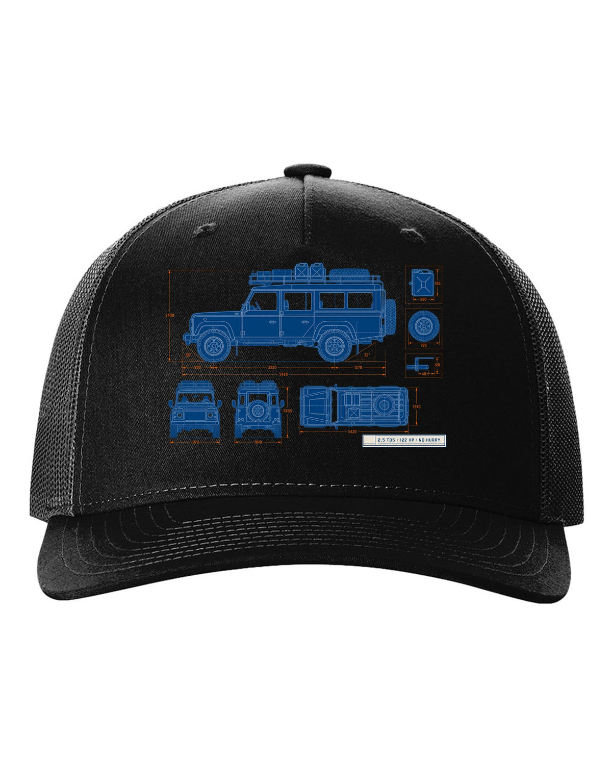 Blueprint line drawing print of a Land Rover Defender 110 Td5 with roof rack and 2.5 TD5 text black hat front view with the design