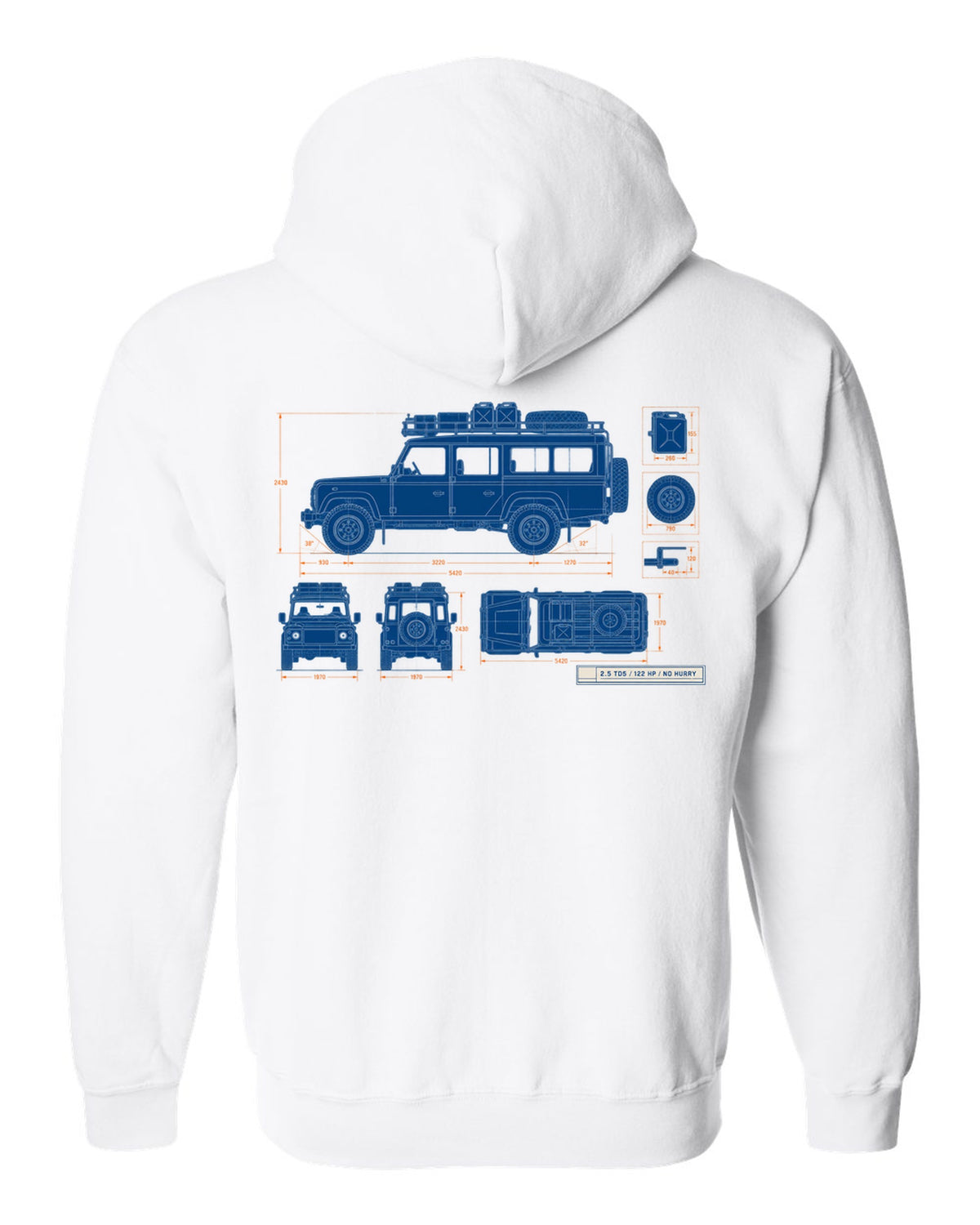 Blueprint line drawing print of a Land Rover Defender 110 Td5 with roof rack and 2.5 TD5 text white zip hoodie back view with the design