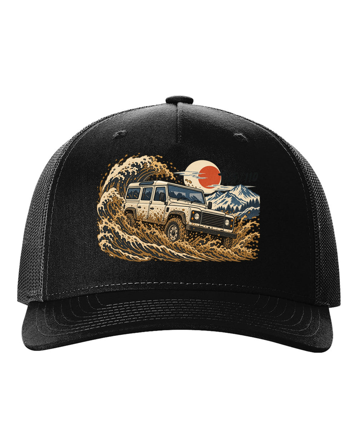 Ukiyo-e woodblock print of a Land Rover Defender 110 Td5 driving through a wave of mud black hat front view with the design