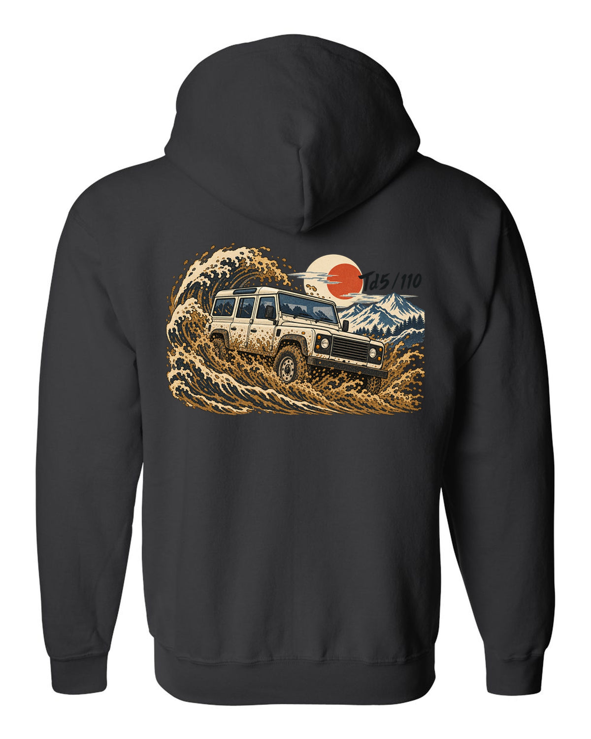 Ukiyo-e woodblock print of a Land Rover Defender 110 Td5 driving through a wave of mud black zip hoodie back view with the design
