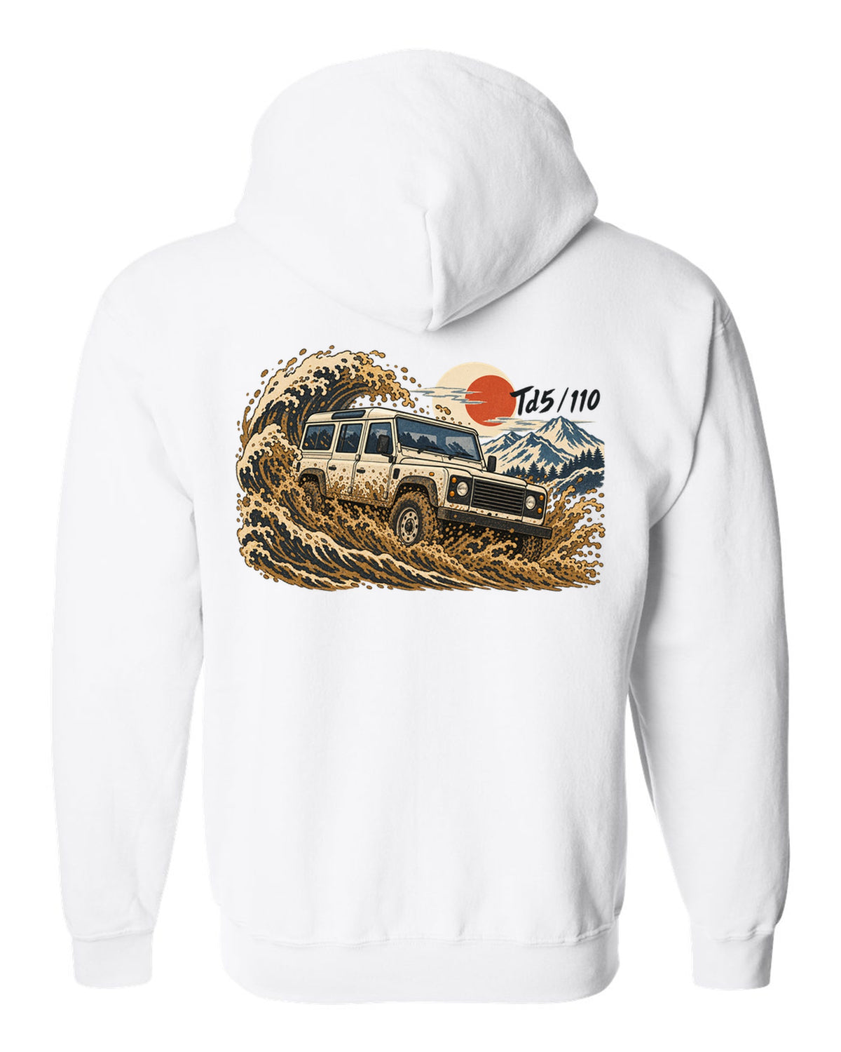 Ukiyo-e woodblock print of a Land Rover Defender 110 Td5 driving through a wave of mud white zip hoodie back view with the design