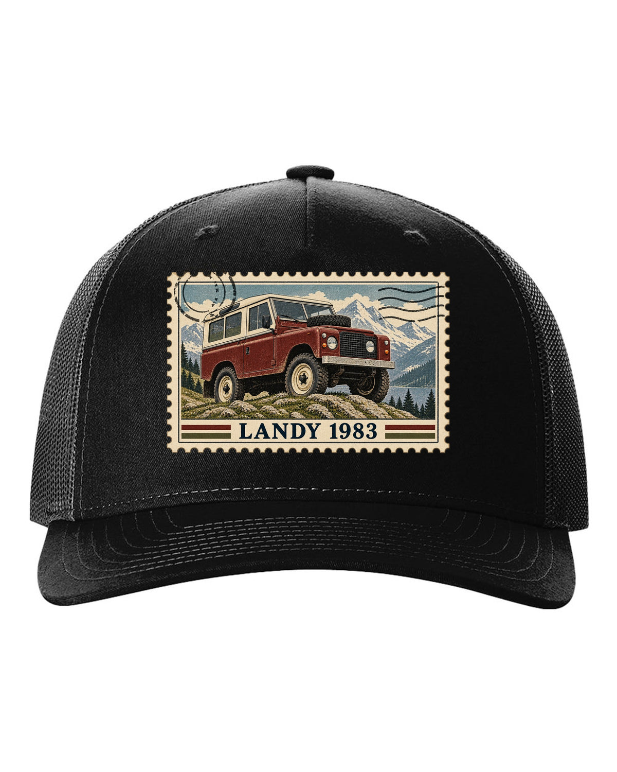 Vintage postage stamp print with perforated edge showing a Land Rover Defender 110, Landy 1983 black hat front view with the design
