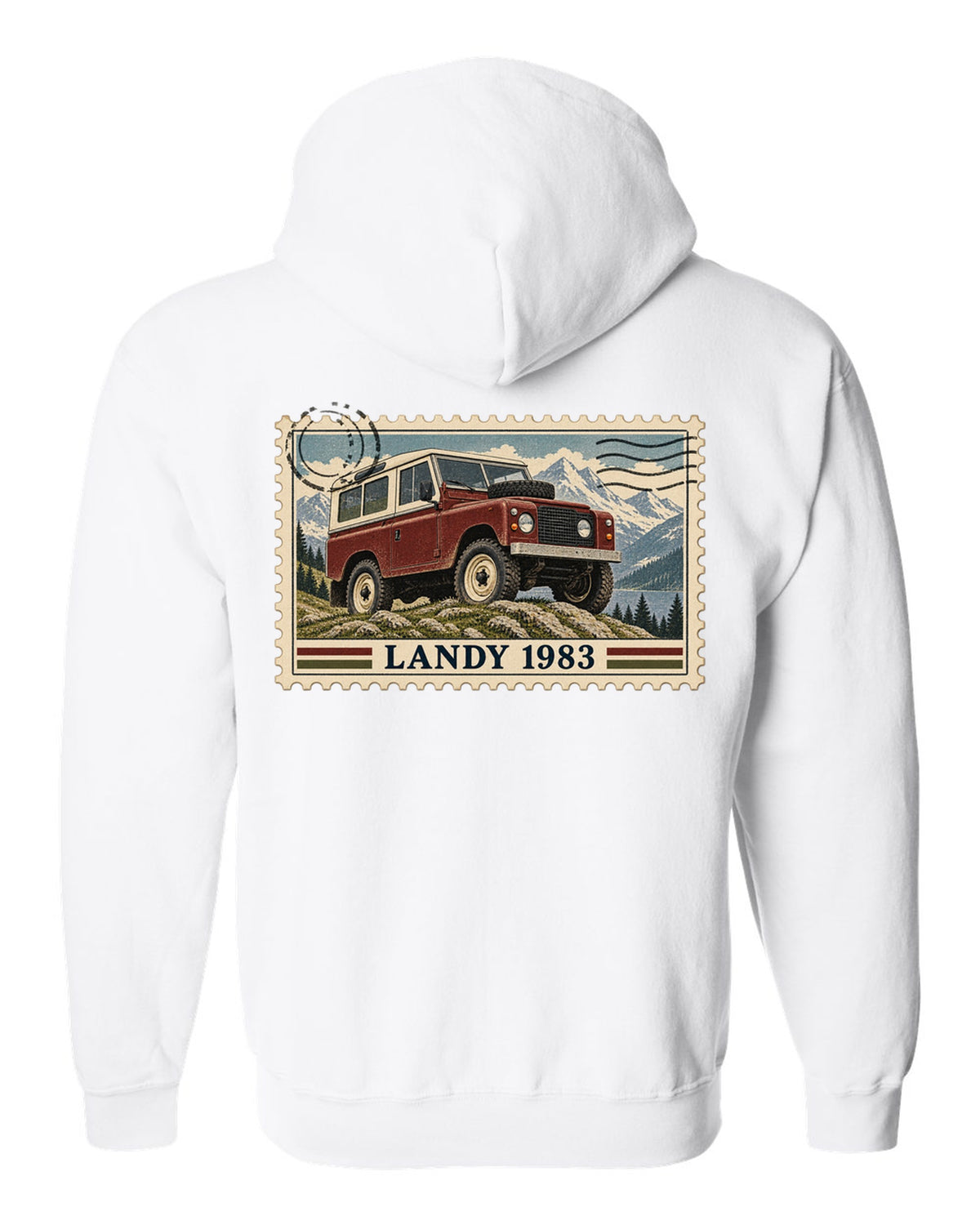 Vintage postage stamp print with perforated edge showing a Land Rover Defender 110, Landy 1983 white zip hoodie back view with the design