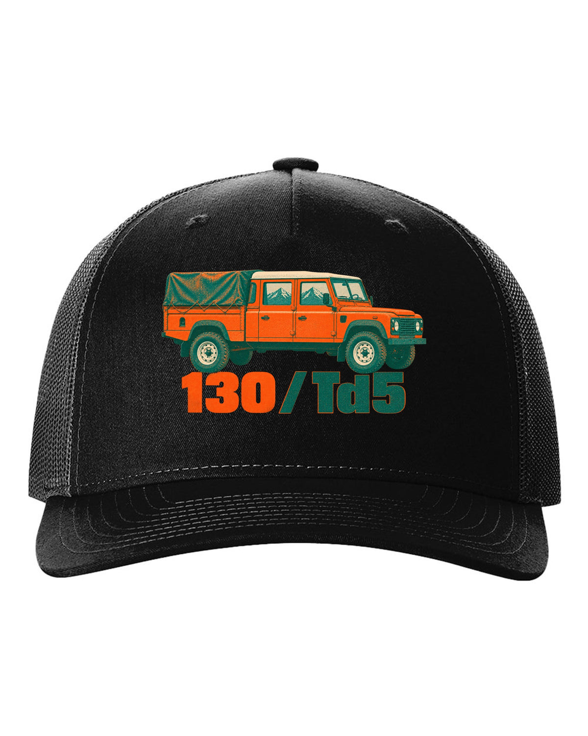 Risograph two-colour print of a Land Rover Defender 130 crew cab with 130 Td5 text black hat front view with the design