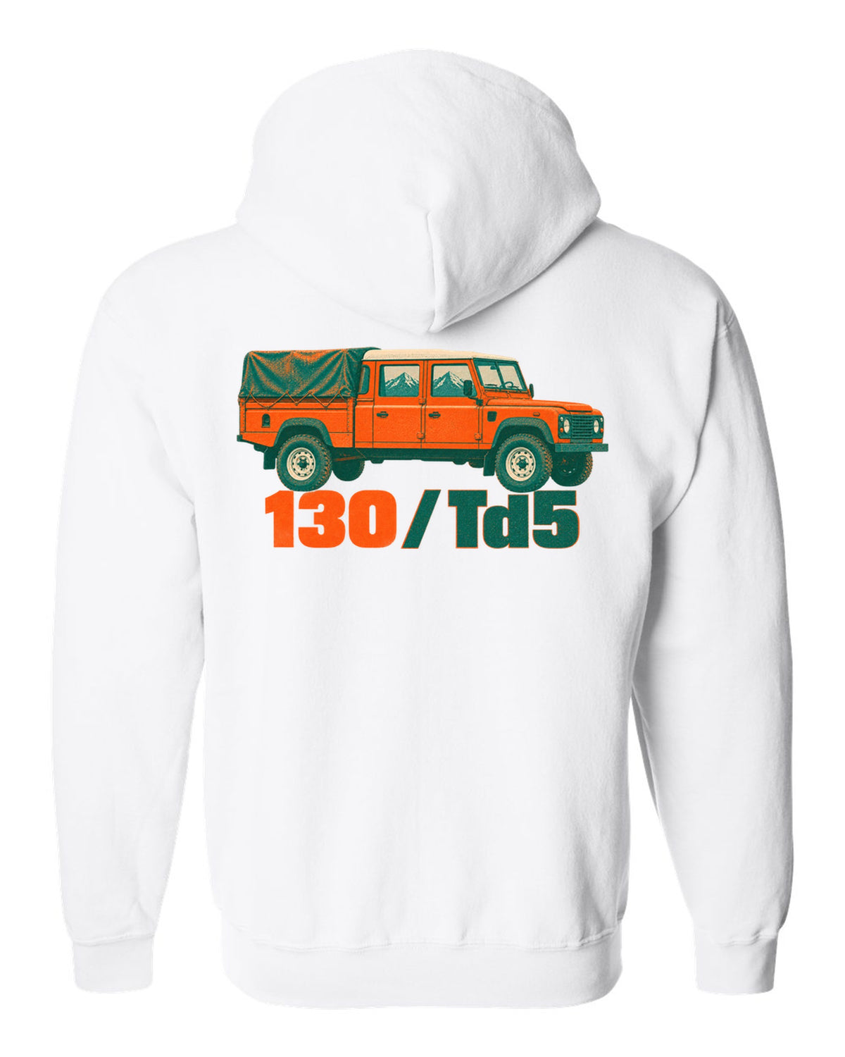 Risograph two-colour print of a Land Rover Defender 130 crew cab with 130 Td5 text white zip hoodie back view with the design