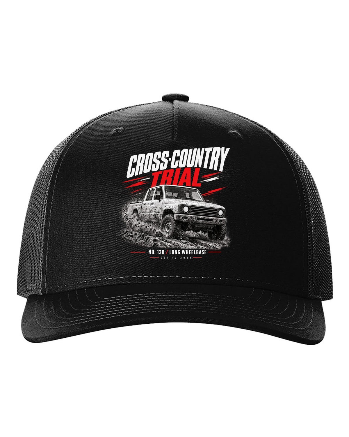Land Rover Defender 130 cross-country trial race poster print black hat front view with the design