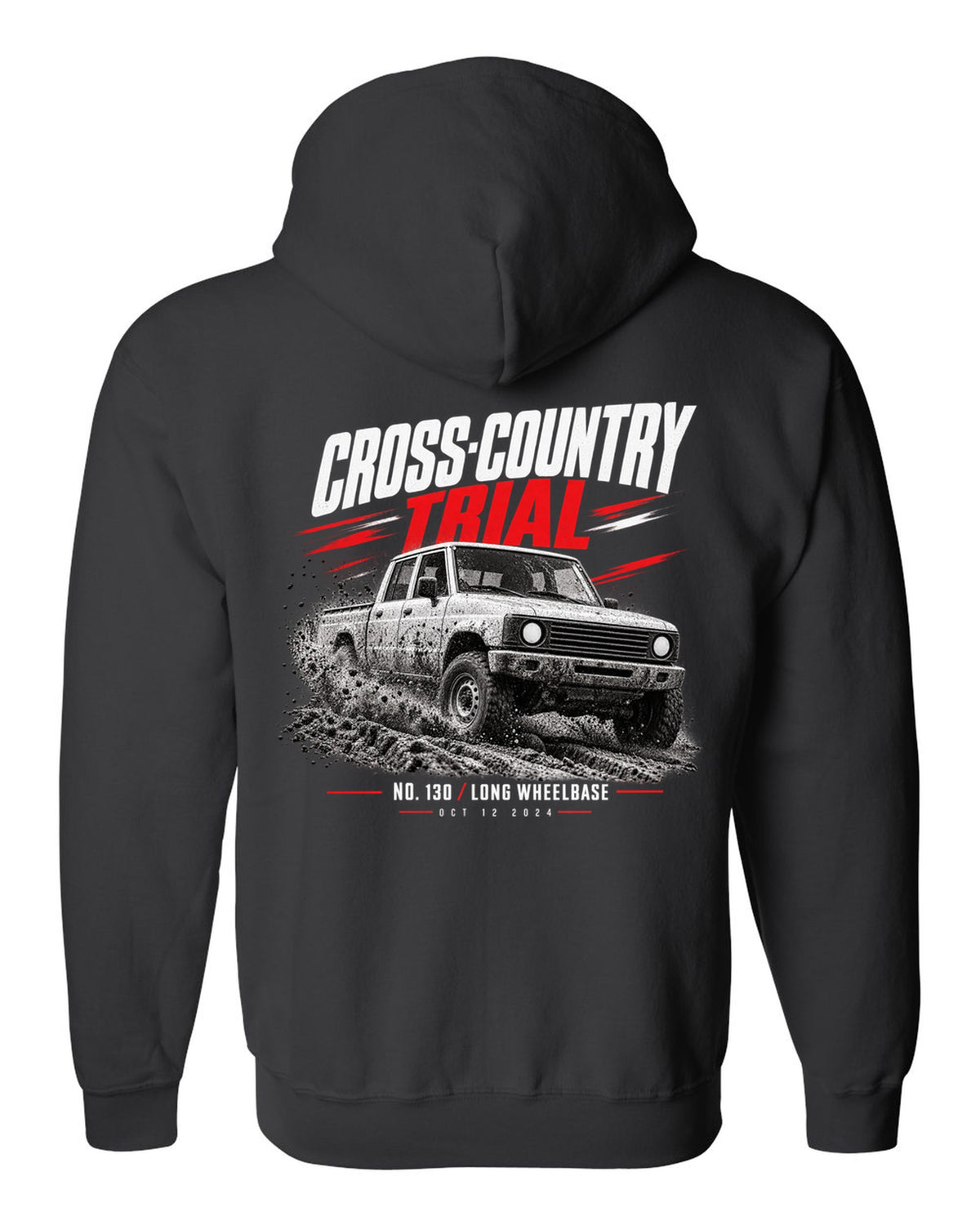 Land Rover Defender 130 cross-country trial race poster print black zip hoodie back view with the design