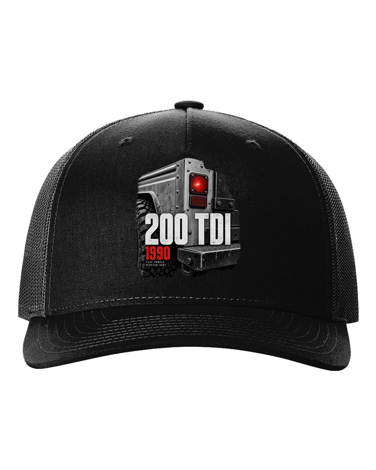 Land Rover Defender 200 Tdi taillight and riveted panel macro print black hat front view with the design