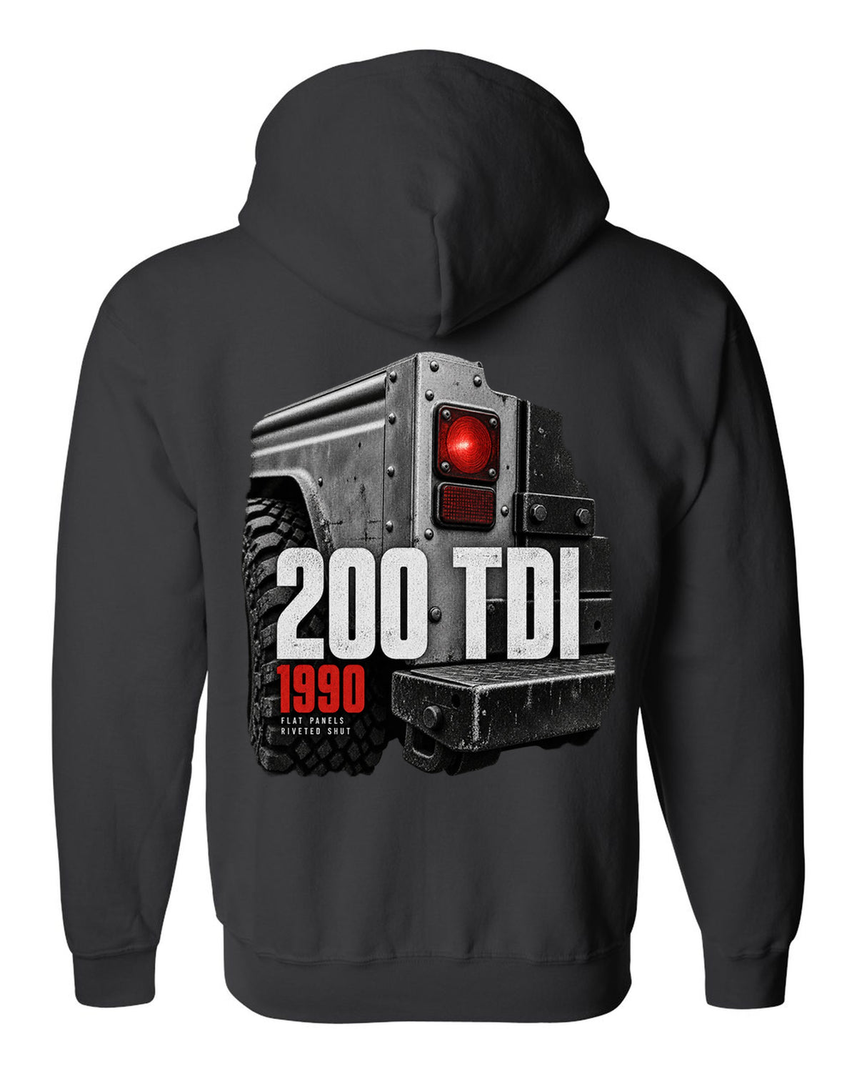 Land Rover Defender 200 Tdi taillight and riveted panel macro print black zip hoodie back view with the design