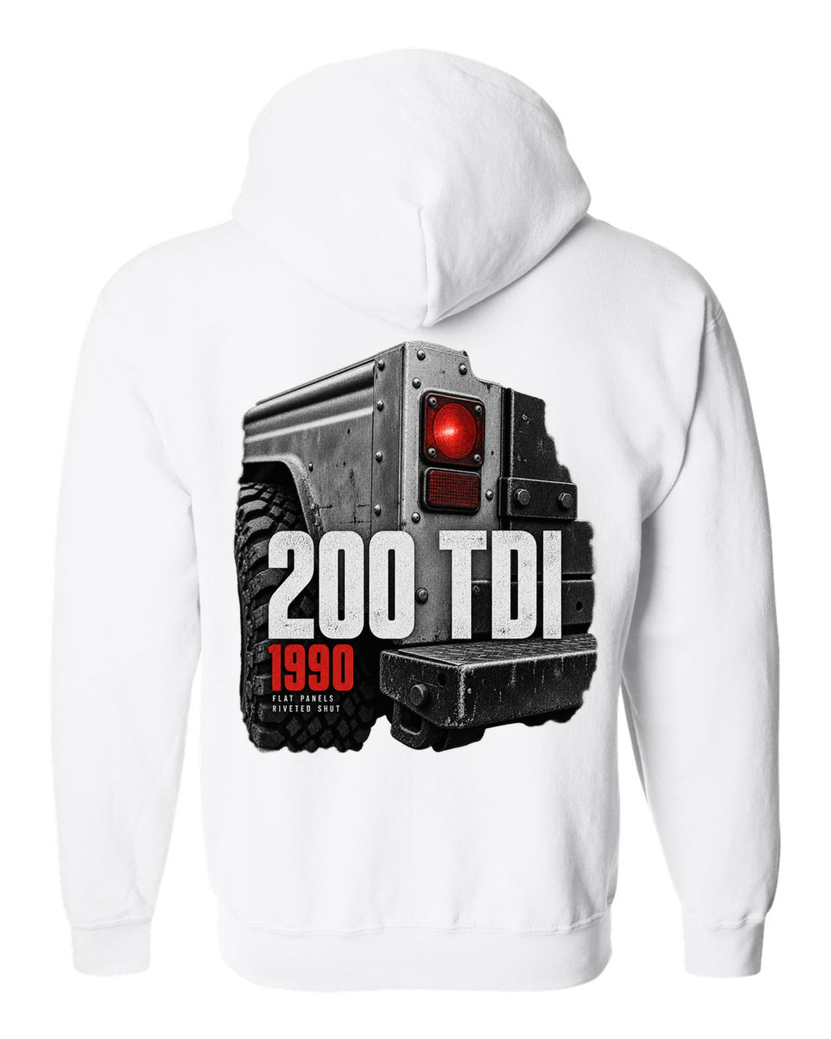 Land Rover Defender 200 Tdi taillight and riveted panel macro print white zip hoodie back view with the design