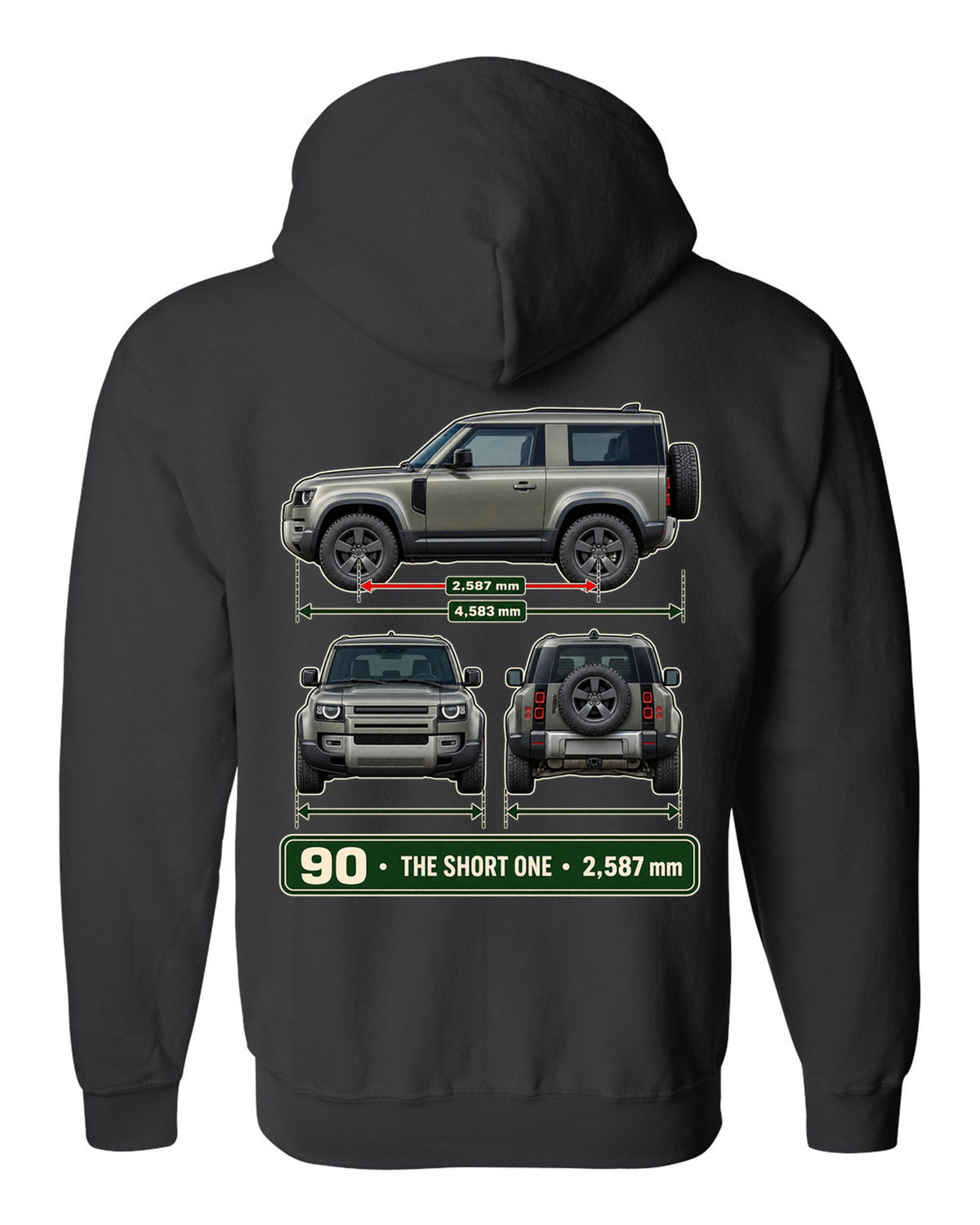 Three-view drawing with spec table print of the Land Rover Defender 90 L663 black zip hoodie back view with the design