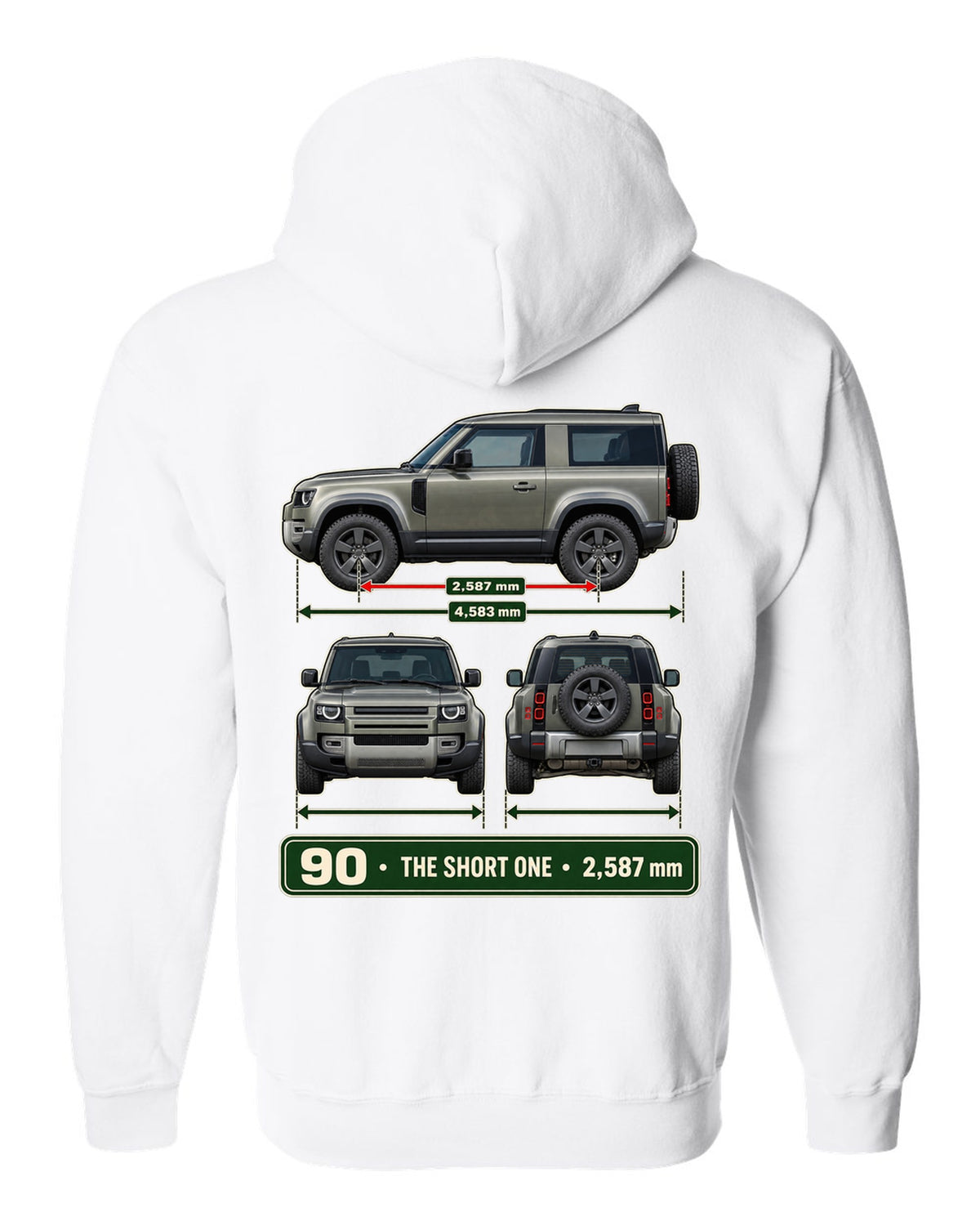 Three-view drawing with spec table print of the Land Rover Defender 90 L663 white zip hoodie back view with the design
