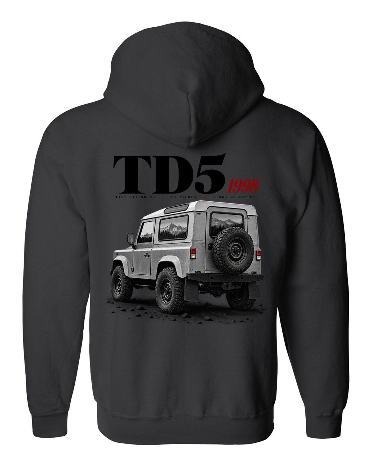 Land Rover Defender 90 editorial headline print about the 1998 Td5 engine black zip hoodie back view with the design