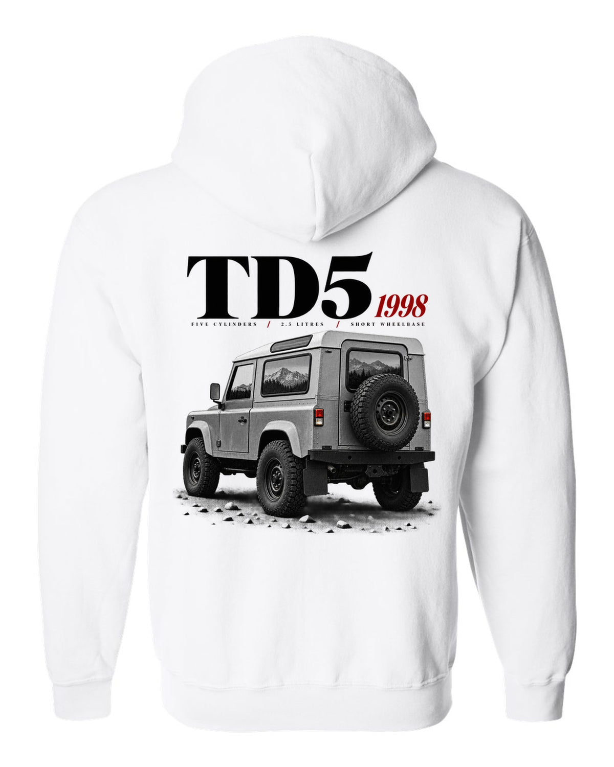 Land Rover Defender 90 editorial headline print about the 1998 Td5 engine white zip hoodie back view with the design