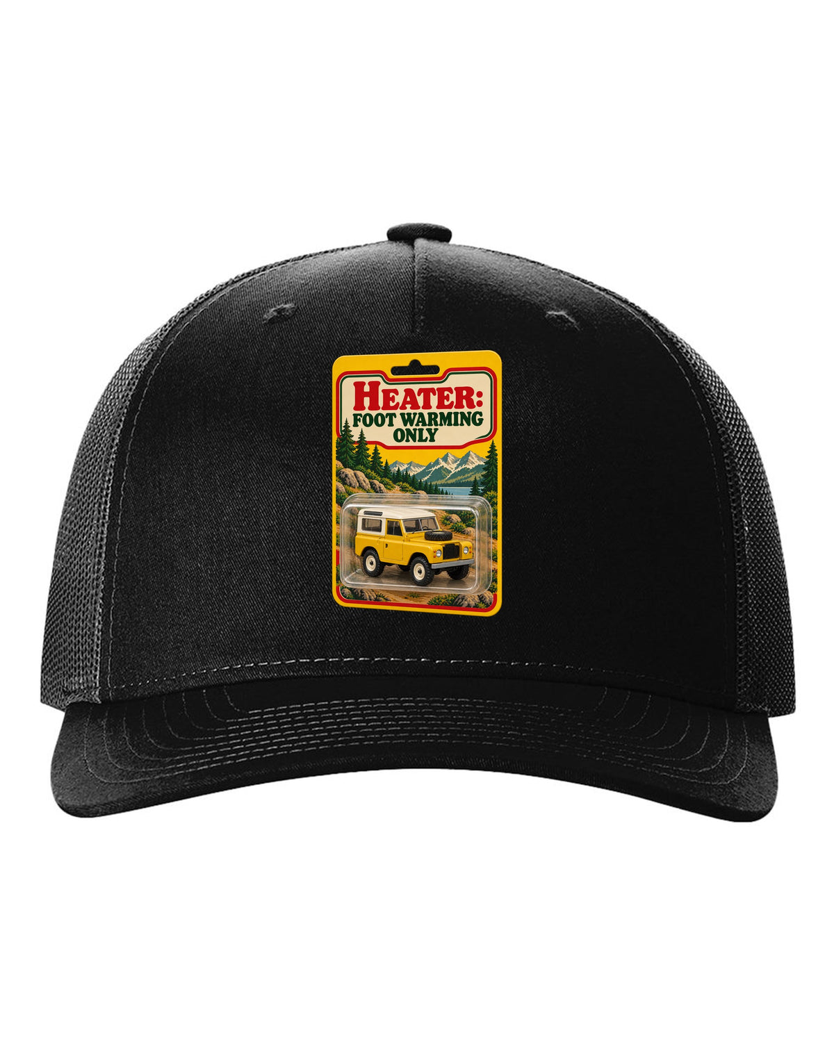 Toy blister card print with a Land Rover Defender 90 and the text Heater Foot Warming Only black hat front view with the design