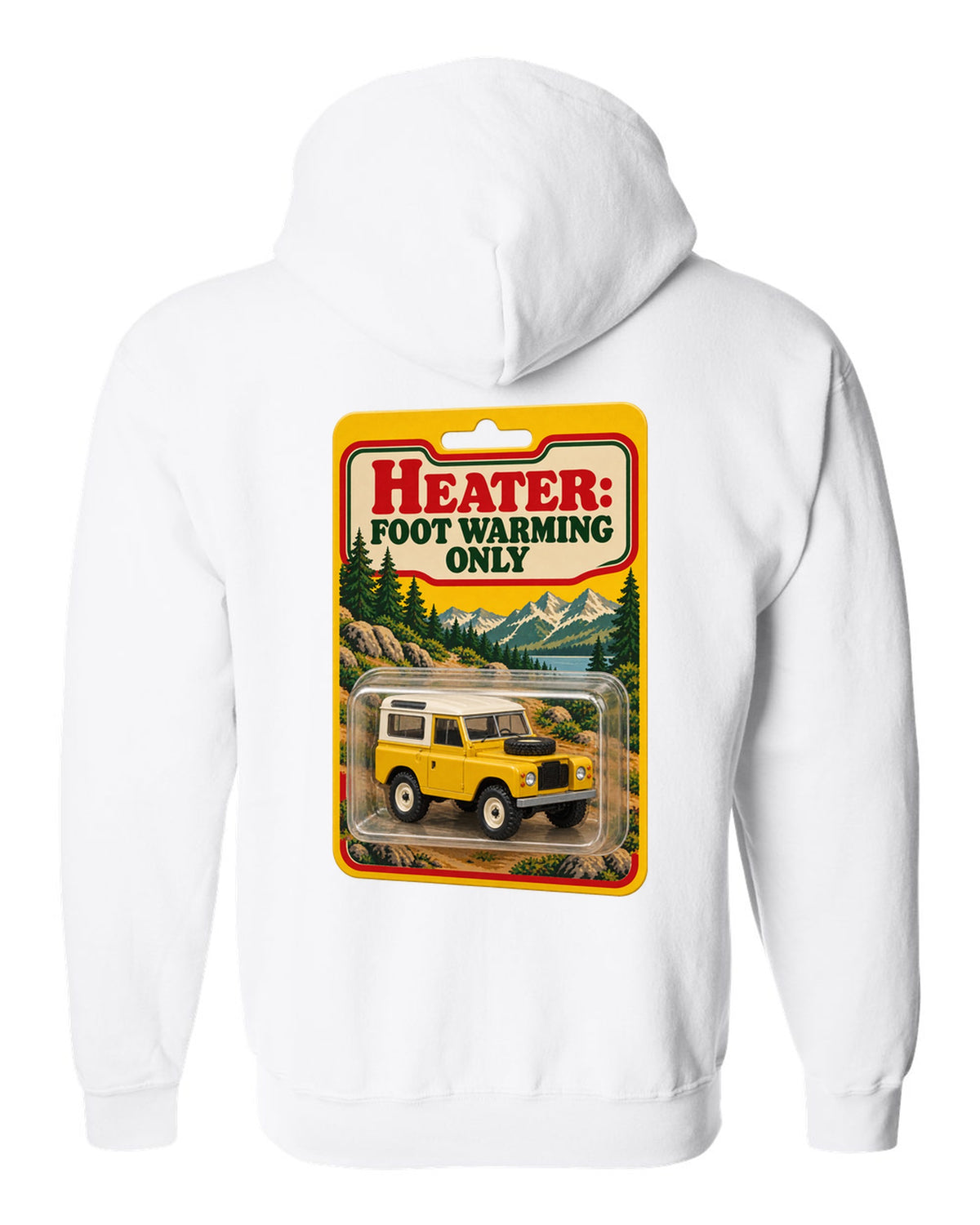 Toy blister card print with a Land Rover Defender 90 and the text Heater Foot Warming Only white zip hoodie back view with the design
