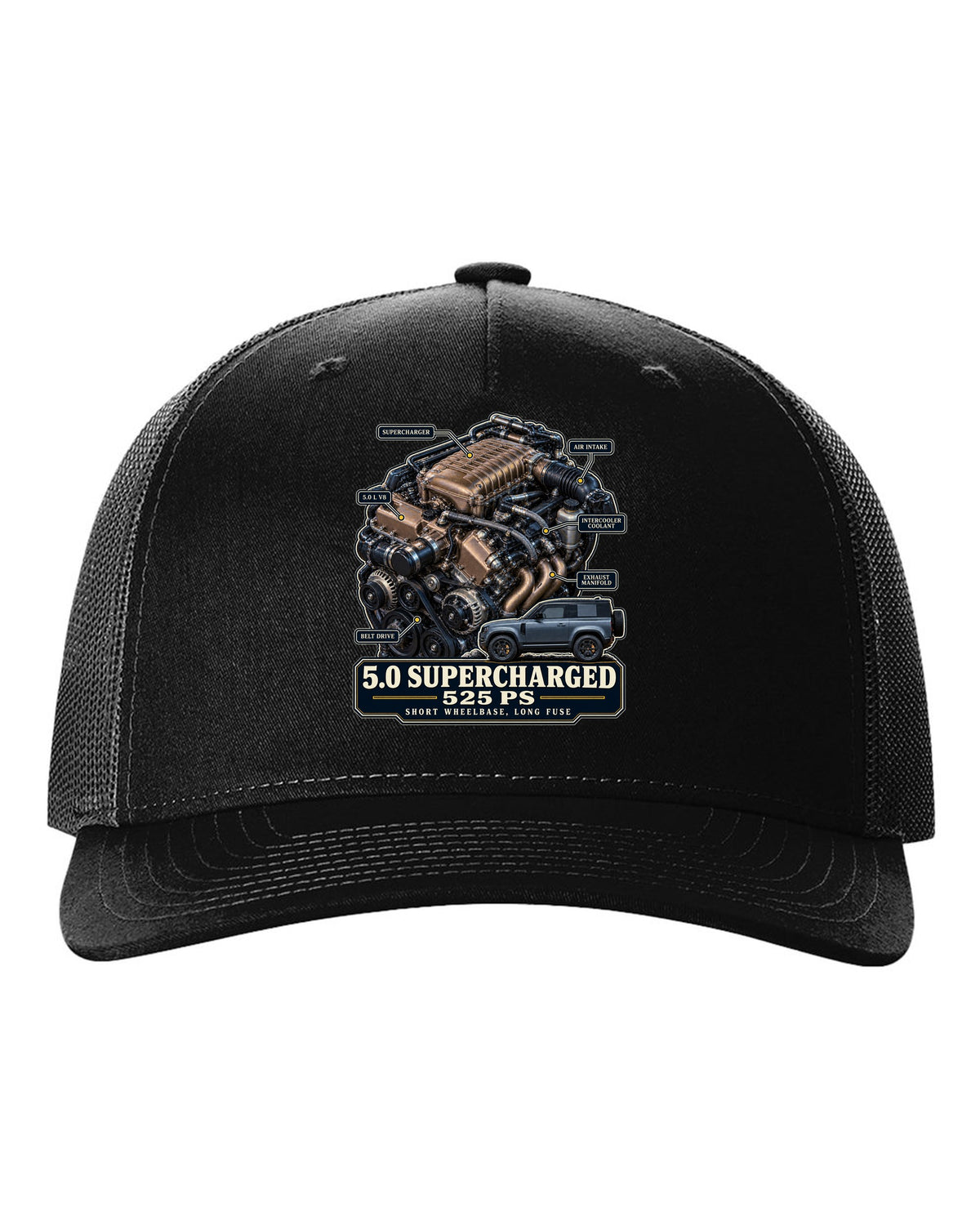 Engine hero print of the Land Rover Defender 90 V8 5.0 supercharged L663 black hat front view with the design