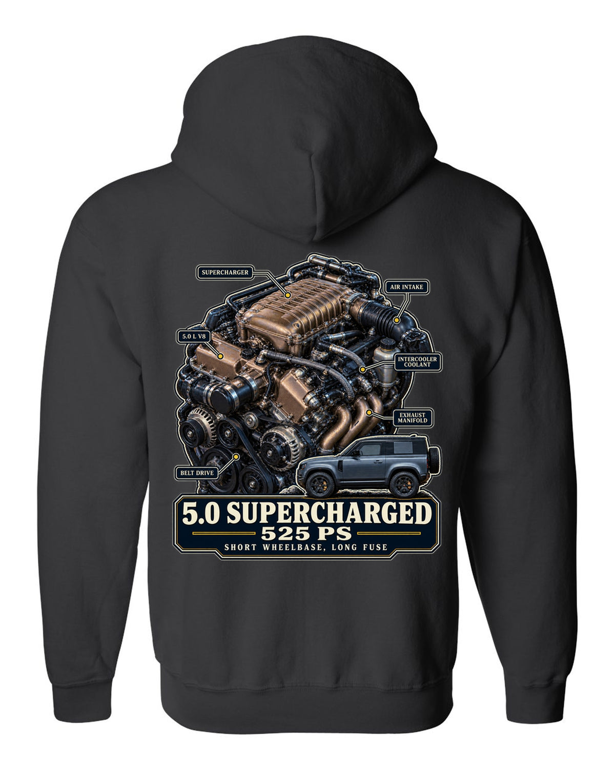 Engine hero print of the Land Rover Defender 90 V8 5.0 supercharged L663 black zip hoodie back view with the design
