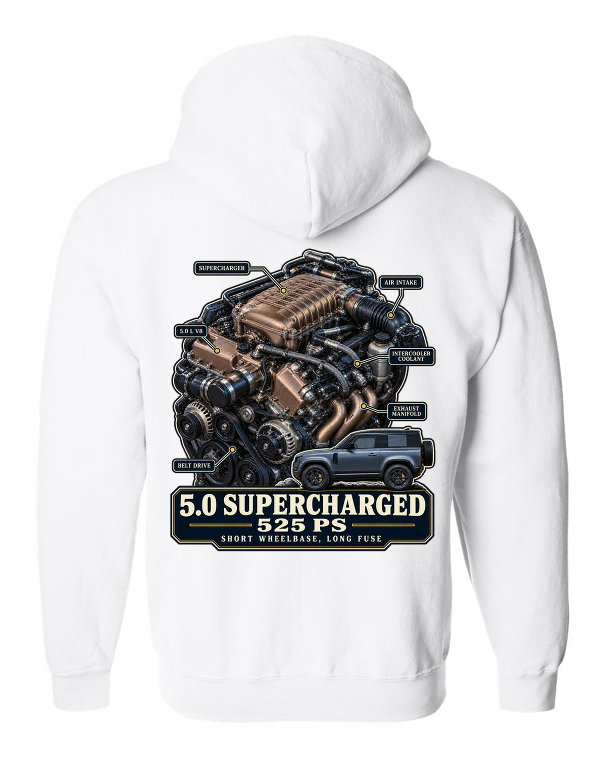 Engine hero print of the Land Rover Defender 90 V8 5.0 supercharged L663 white zip hoodie back view with the design