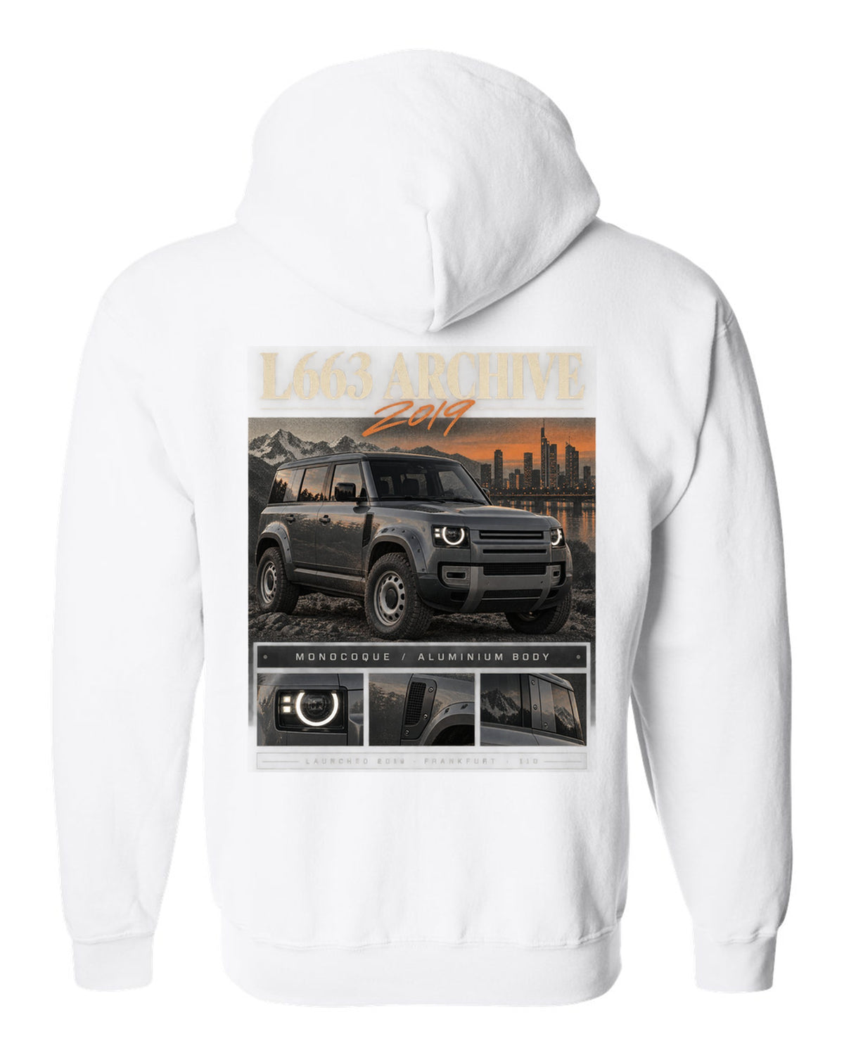 Land Rover Defender L663 110 archive panel print with 2019 Frankfurt text white zip hoodie back view with the design