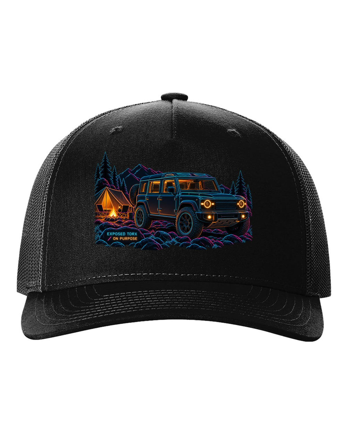 Neon line art print of a Land Rover Defender L663 110 at night camp with Exposed Torx text black hat front view with the design
