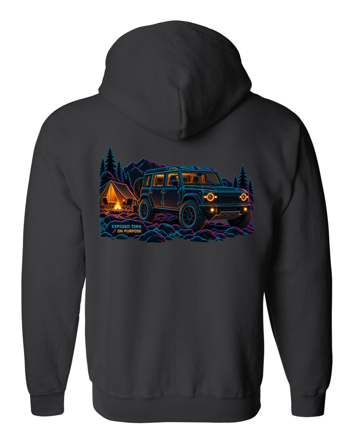 Neon line art print of a Land Rover Defender L663 110 at night camp with Exposed Torx text black zip hoodie back view with the design