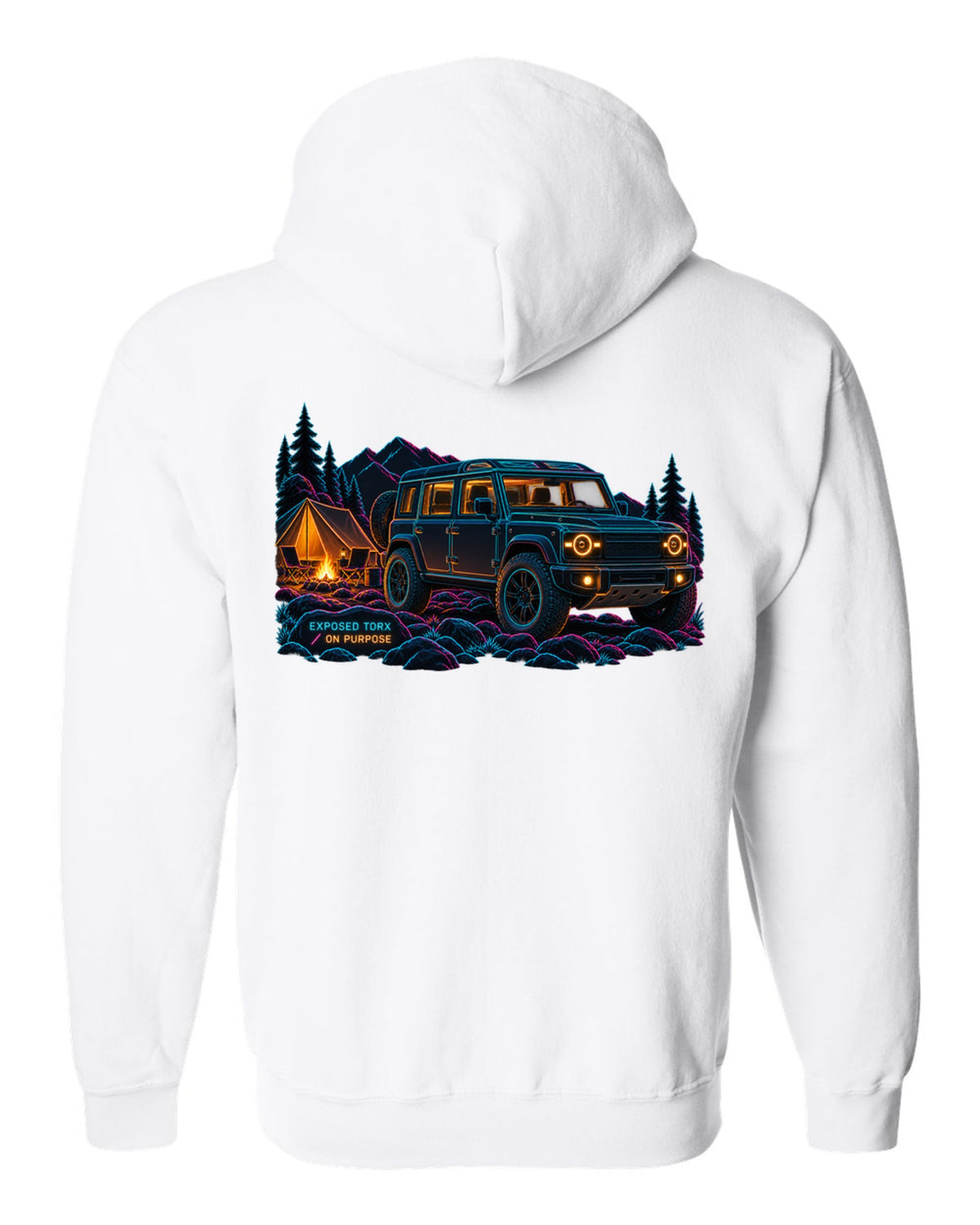 Neon line art print of a Land Rover Defender L663 110 at night camp with Exposed Torx text white zip hoodie back view with the design