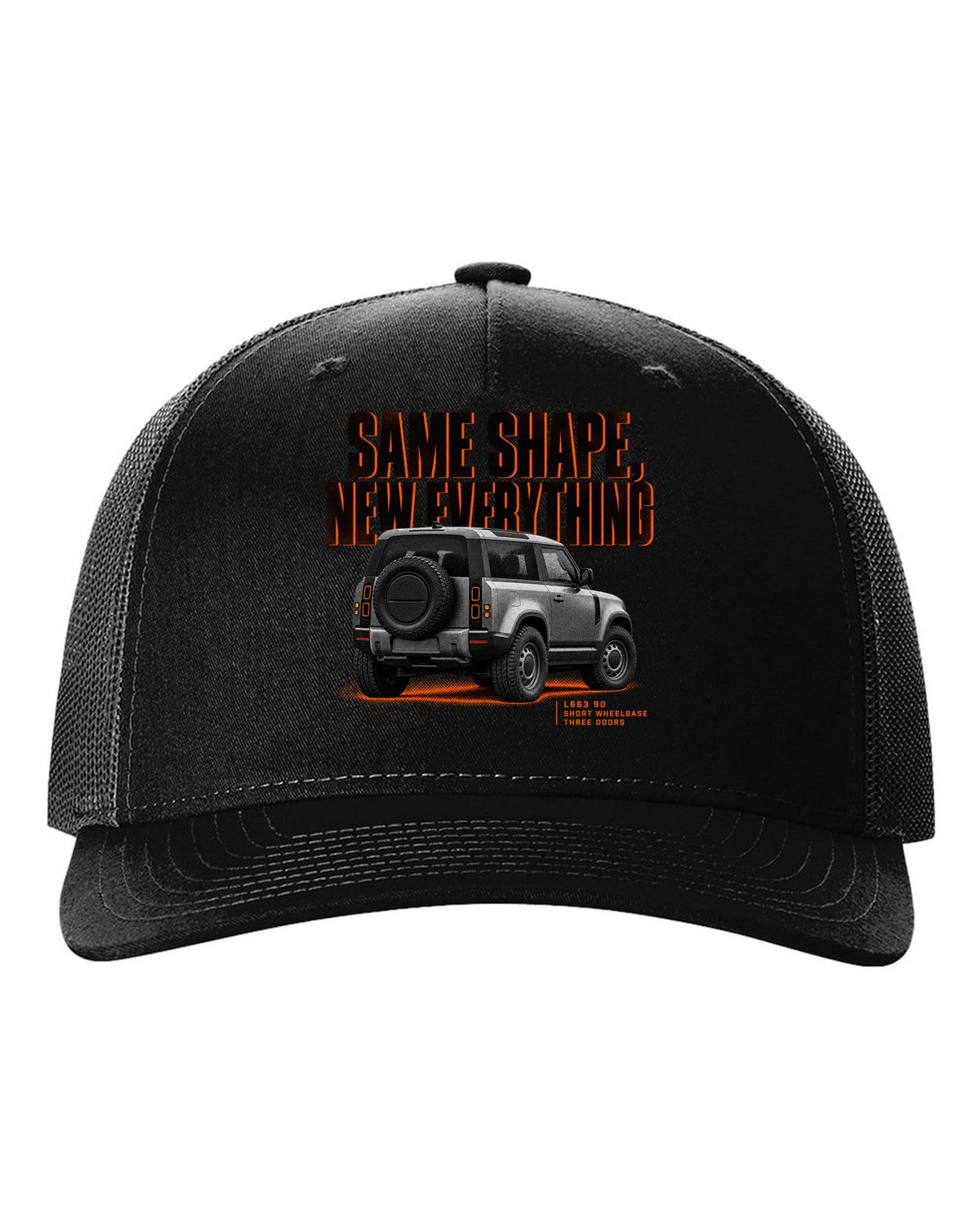 Land Rover Defender L663 90 halftone print with same shape new everything text black hat front view with the design