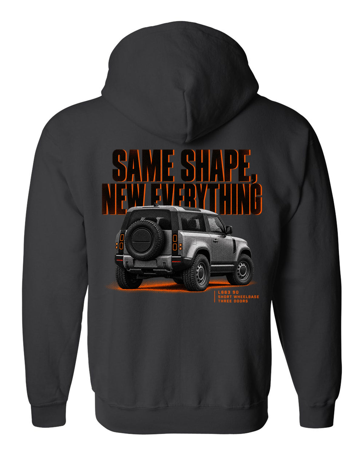 Land Rover Defender L663 90 halftone print with same shape new everything text black zip hoodie back view with the design