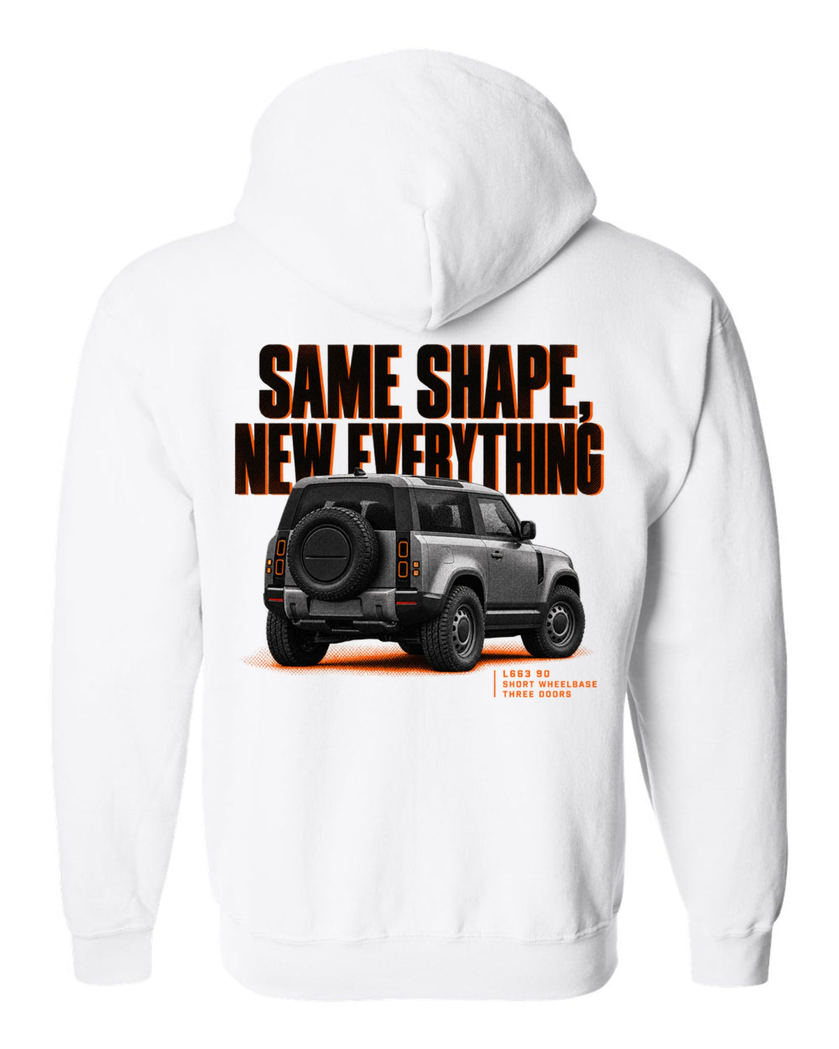 Land Rover Defender L663 90 halftone print with same shape new everything text white zip hoodie back view with the design