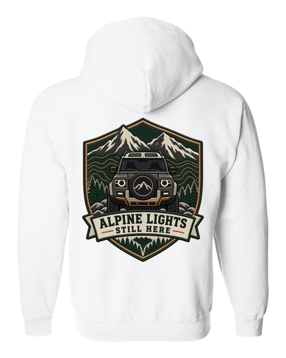 Original shield crest print for a Land Rover Defender L663 with Alpine Lights Still Here text white zip hoodie back view with the design