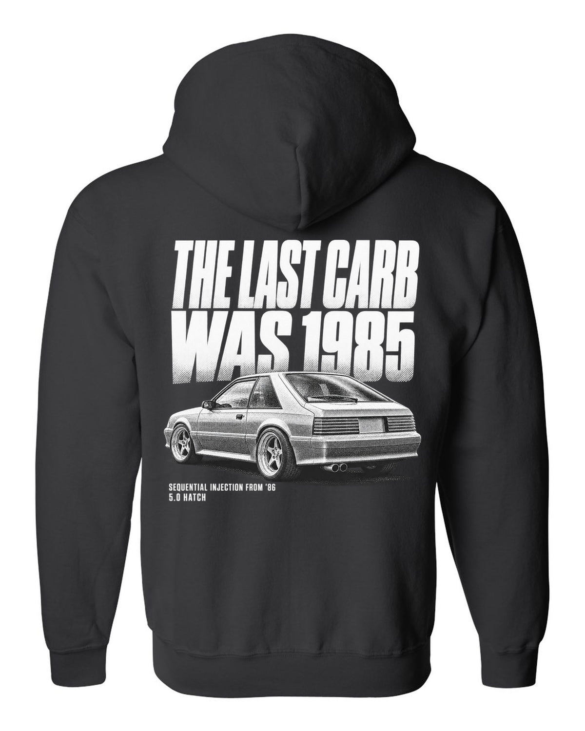 Halftone print of a 1986-89 Ford Mustang Fox Body GT chback black zip hoodie back view with the design