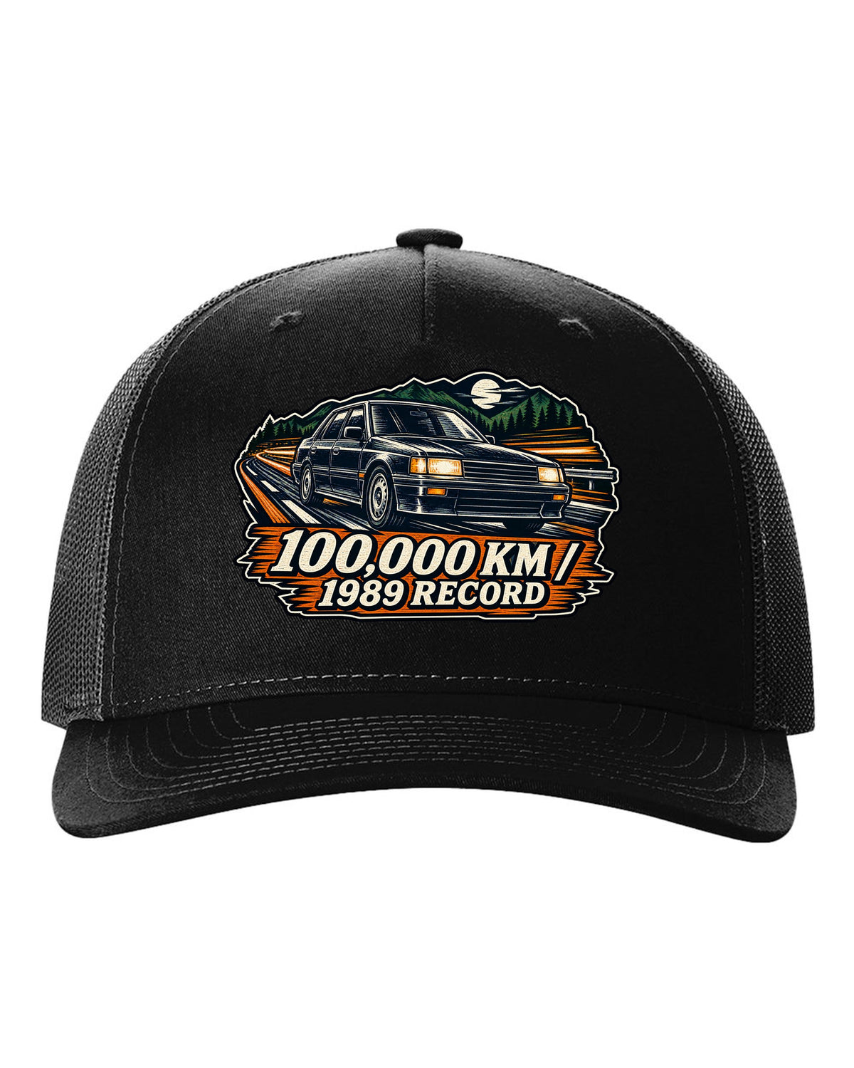 Linocut woodcut style illustration of a Subaru Legacy BC5 RS with 100,000 km 1989 record text black hat front view with the design