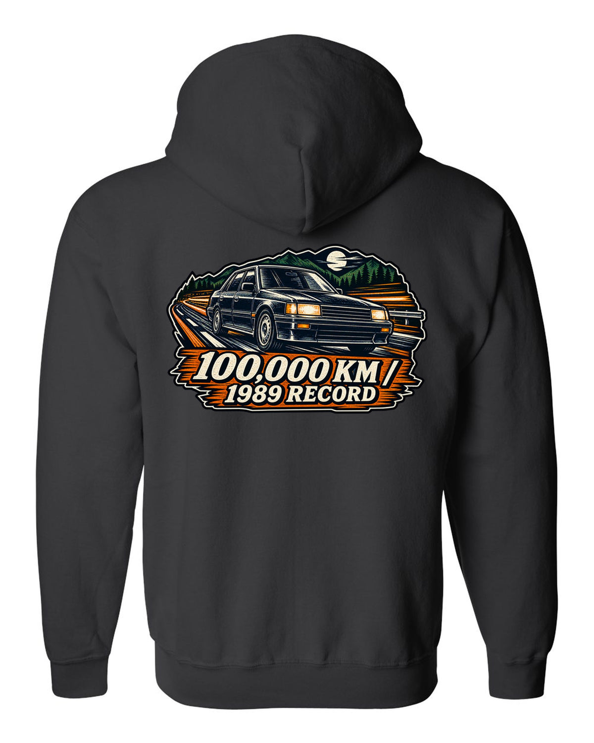 Linocut woodcut style illustration of a Subaru Legacy BC5 RS with 100,000 km 1989 record text black zip hoodie back view with the design