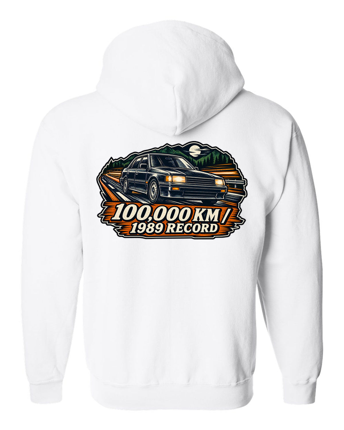 Linocut woodcut style illustration of a Subaru Legacy BC5 RS with 100,000 km 1989 record text white zip hoodie back view with the design